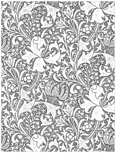 Exclusive coloring page created from textile design "Golden Lily" by John Henry Dearle (1889). Color these entwining lily stems and tendrils . . (Art Nouveau Coloring Page)