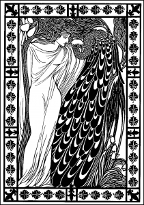Woman and peacock : Coloring page inspired by a drawing by American artist William Bradley (Art Nouveau Coloring Page)