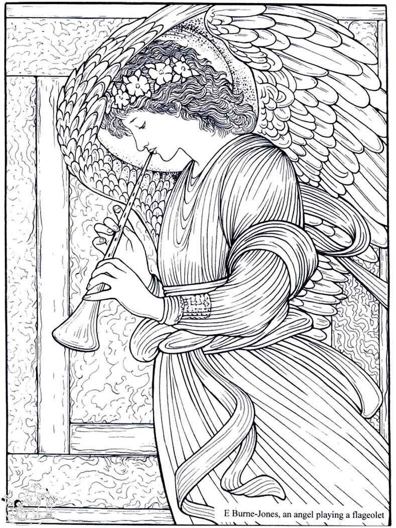 Edward Burne Jones - An Angel playing a flageolet (Printable Masterpiece Coloring Page for adults)