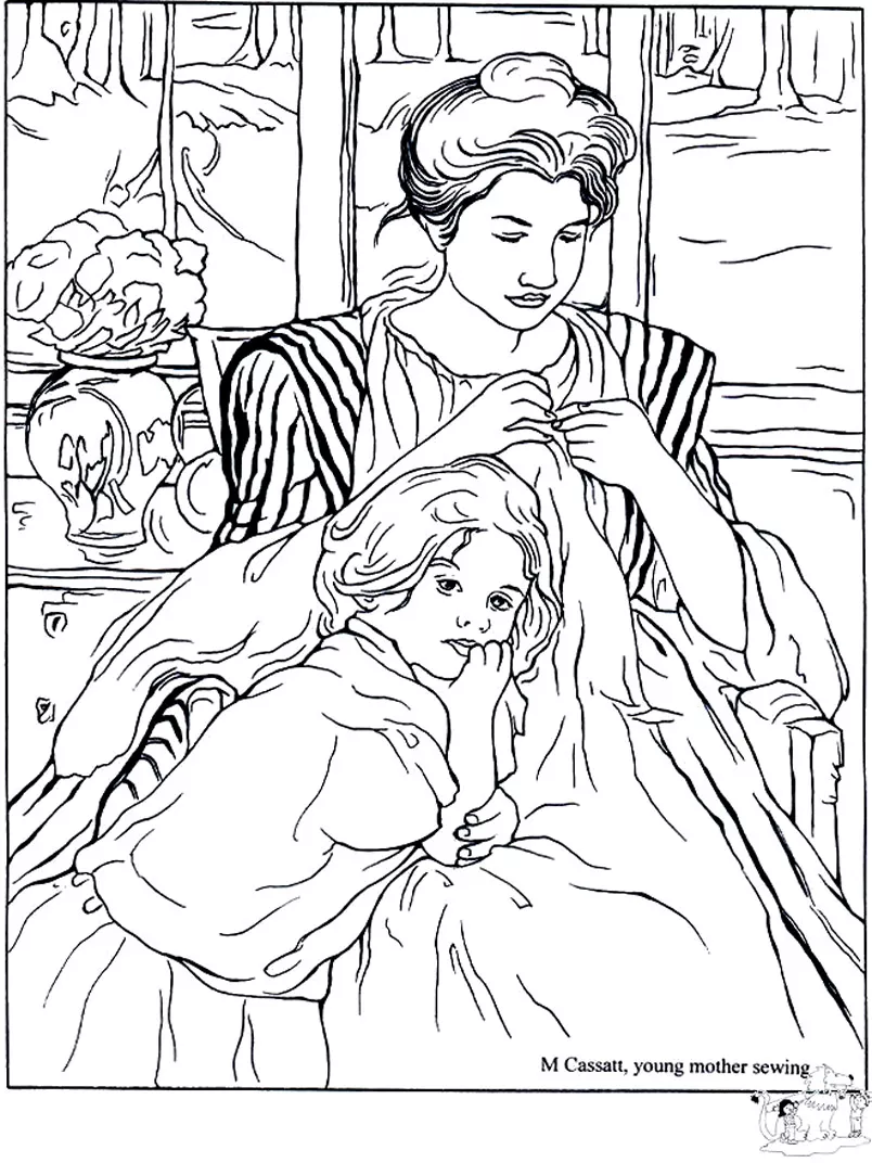 Mary Cassatt - Young Mother sewing (Printable Masterpiece Coloring Page for adults)
