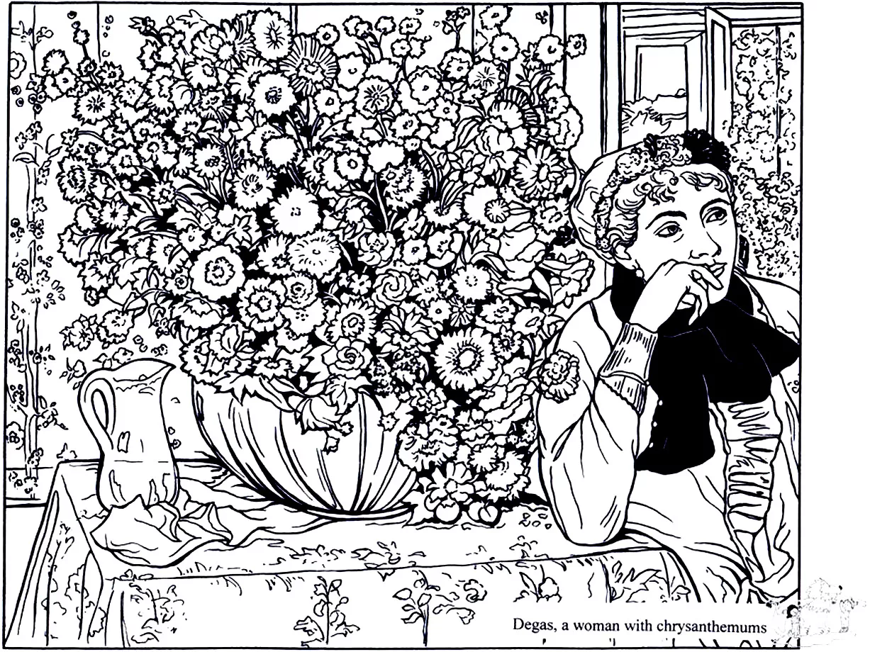 Edgar Degas - Woman with chrysanthemes (Printable Masterpiece Coloring Page for adults)