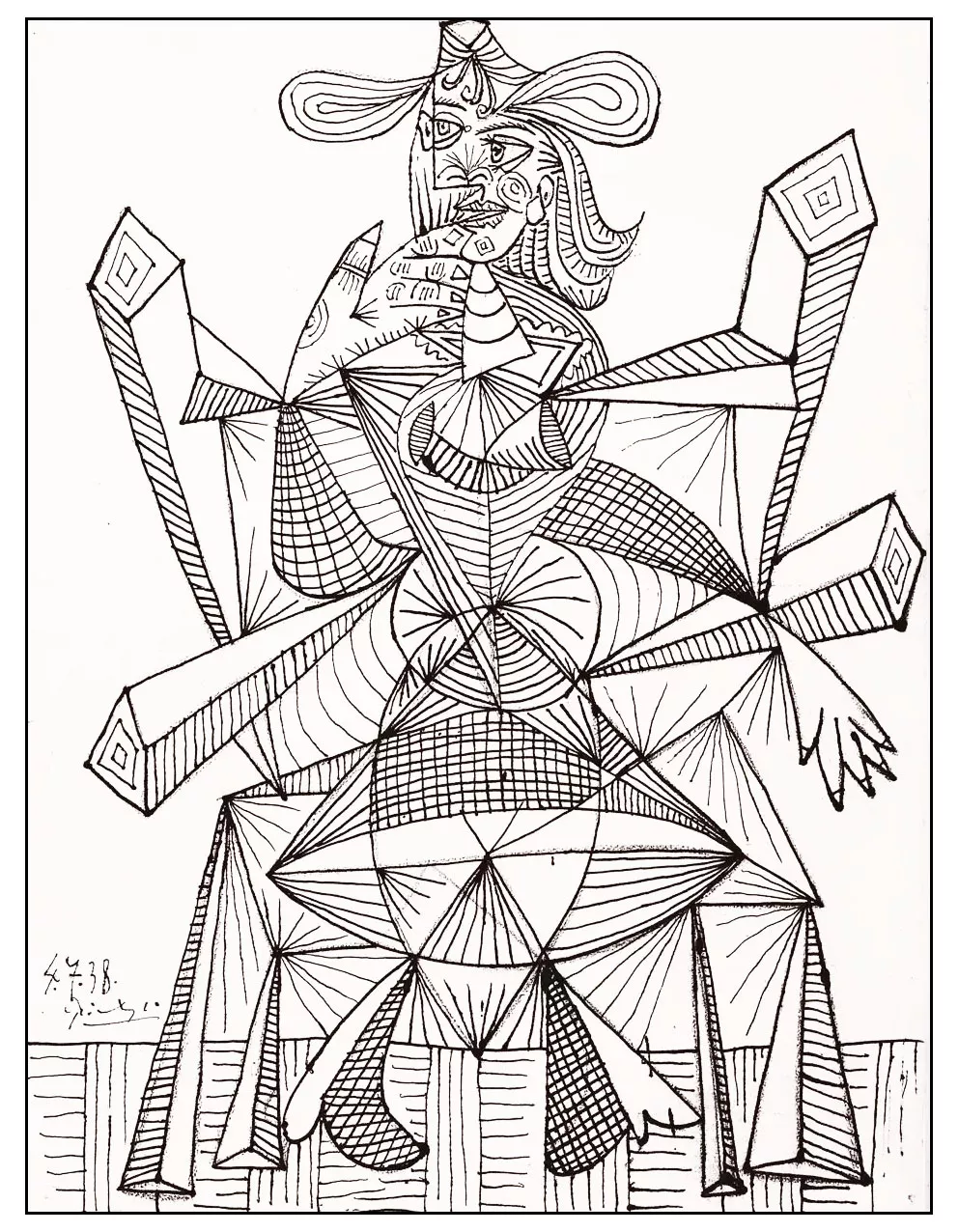 Pablo Picasso - Dora Maar with cat (Printable Masterpiece Coloring Page for adults)