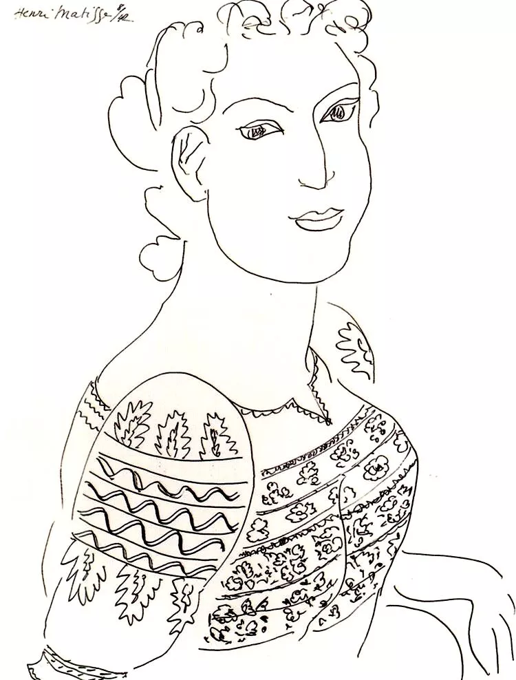Drawing by Henri Matisse: La blouse Roumaine - 1942 (Printable Masterpiece Coloring Page for adults)