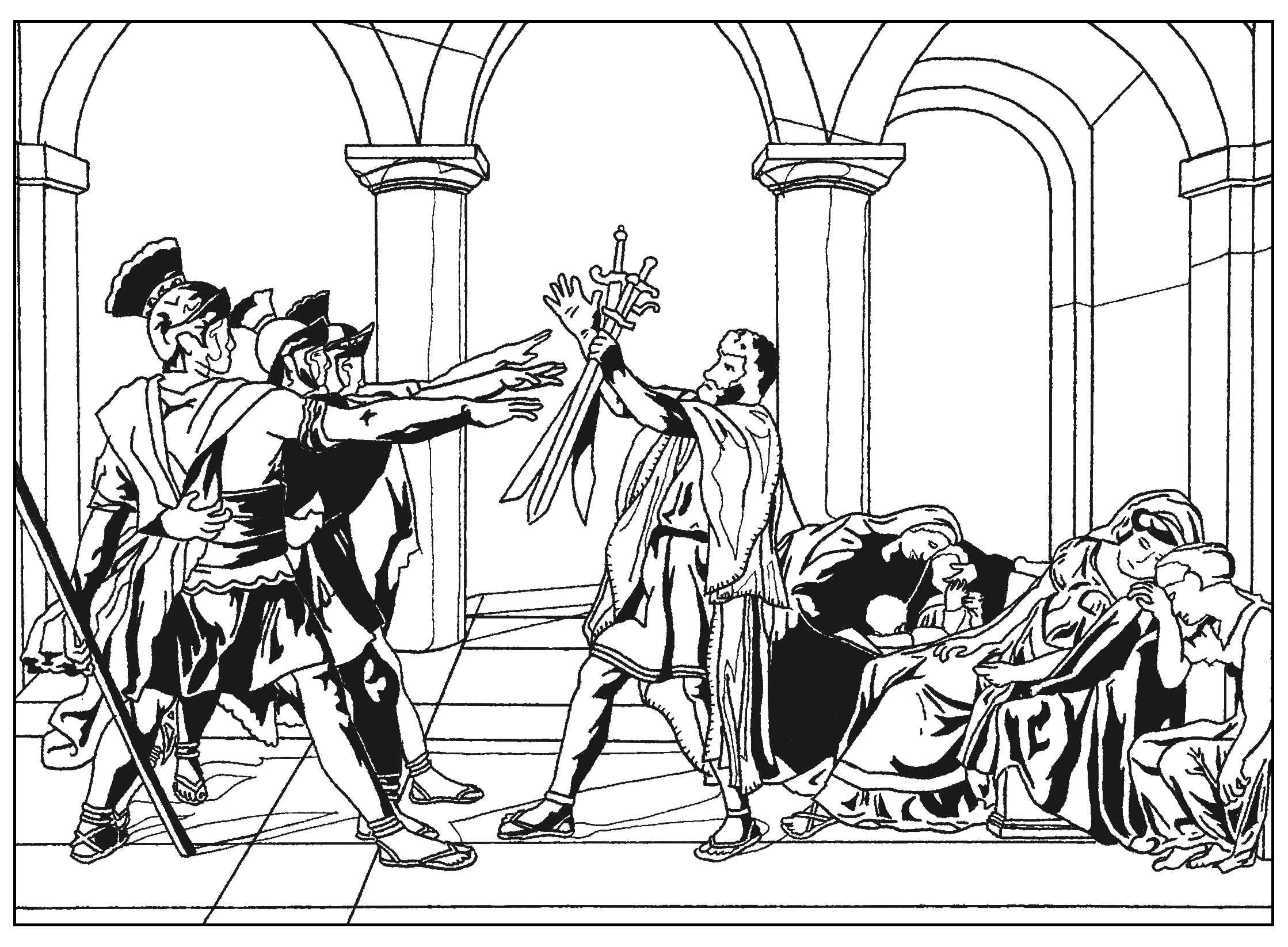 Coloring page created from the painting 'Oath of the Horatii' (Neoclassical style) by Jacques-Louis David, finished in 1785. Drawing, Artist : Sofian