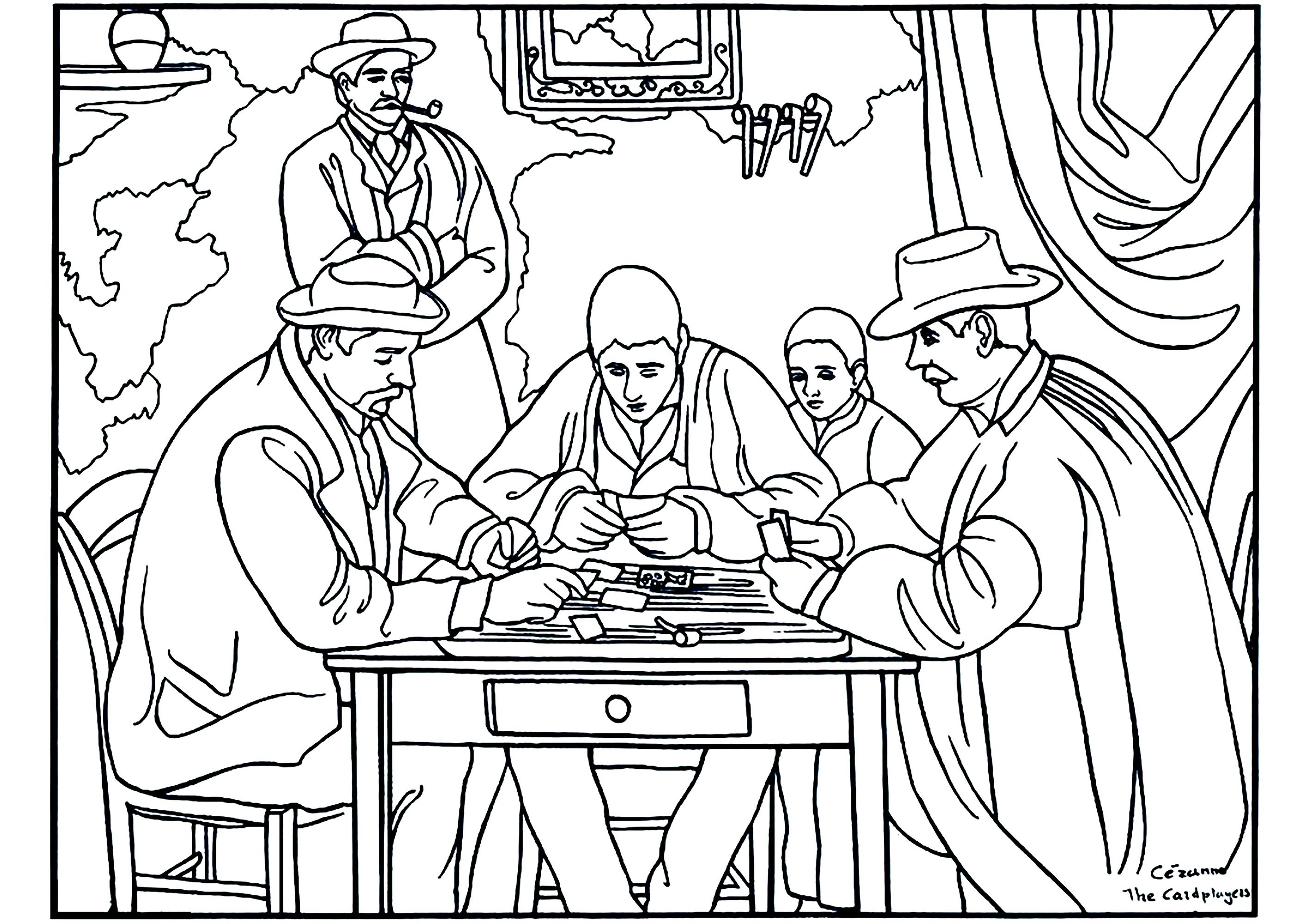 Masterpiece Coloring Page : Paul Cézanne - The Card Players Printable Masterpiece Coloring Page for adults : Paul Cézanne - The Card Players