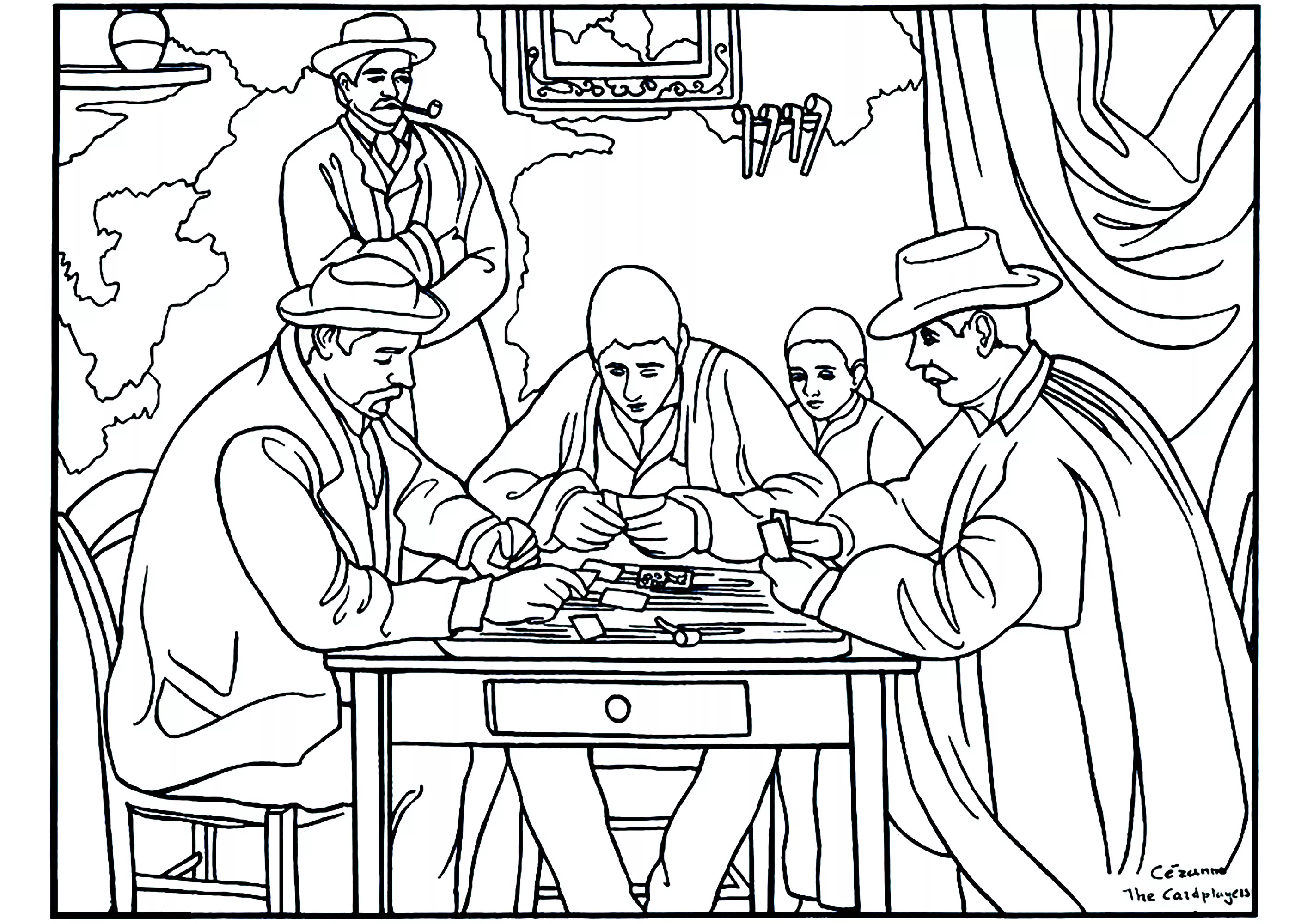 Paul Cézanne - The Card Players (Printable Masterpiece Coloring Page for adults)