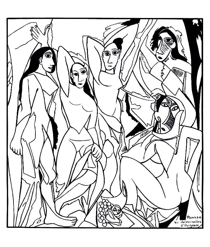 Pablo Picasso - Les Demoiselles d'Avignon (1907) (Printable Masterpiece Coloring Page for adults)