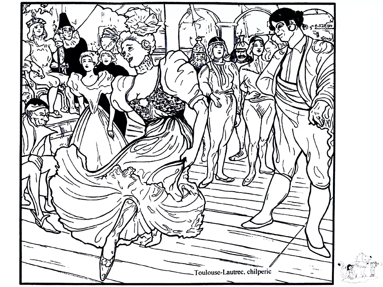 Henri de Toulouse-Lautrec - Marcelle Lender dancing the bolero in 'Chilpéric'. (Printable Masterpiece Coloring Page for adults)
