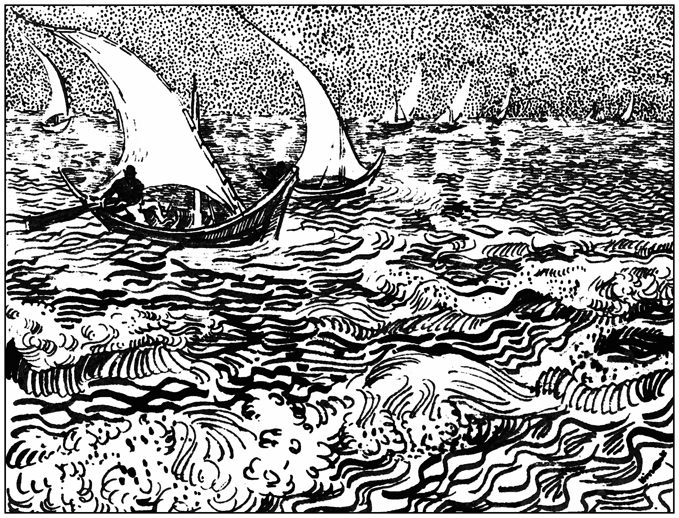 Coloring page for adult created from a Van Gogh drawing : Saintes Marie de la Mer (1888)