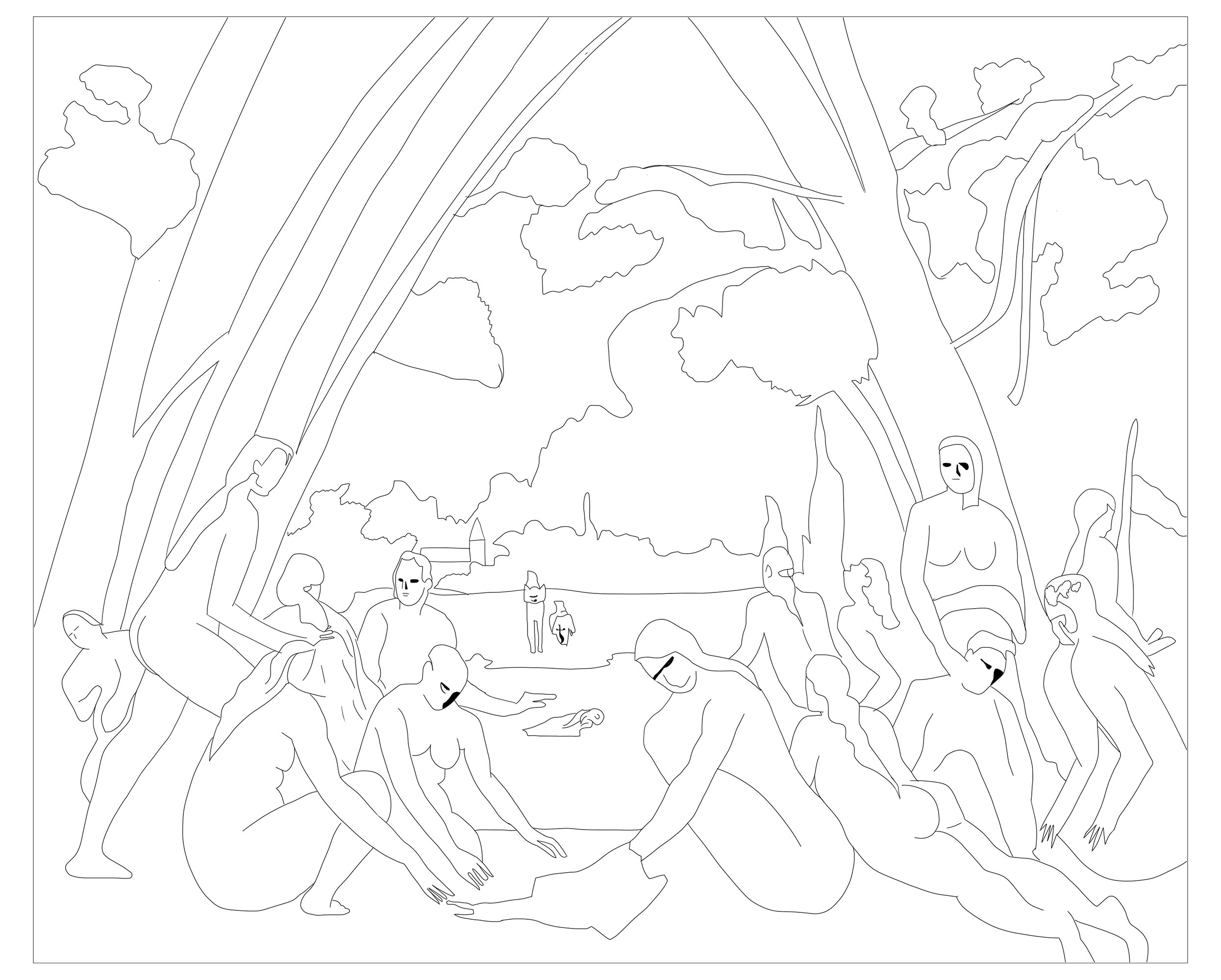 Coloring page inspired by 'Les Grandes Baigneuses' by Paul Cezanne