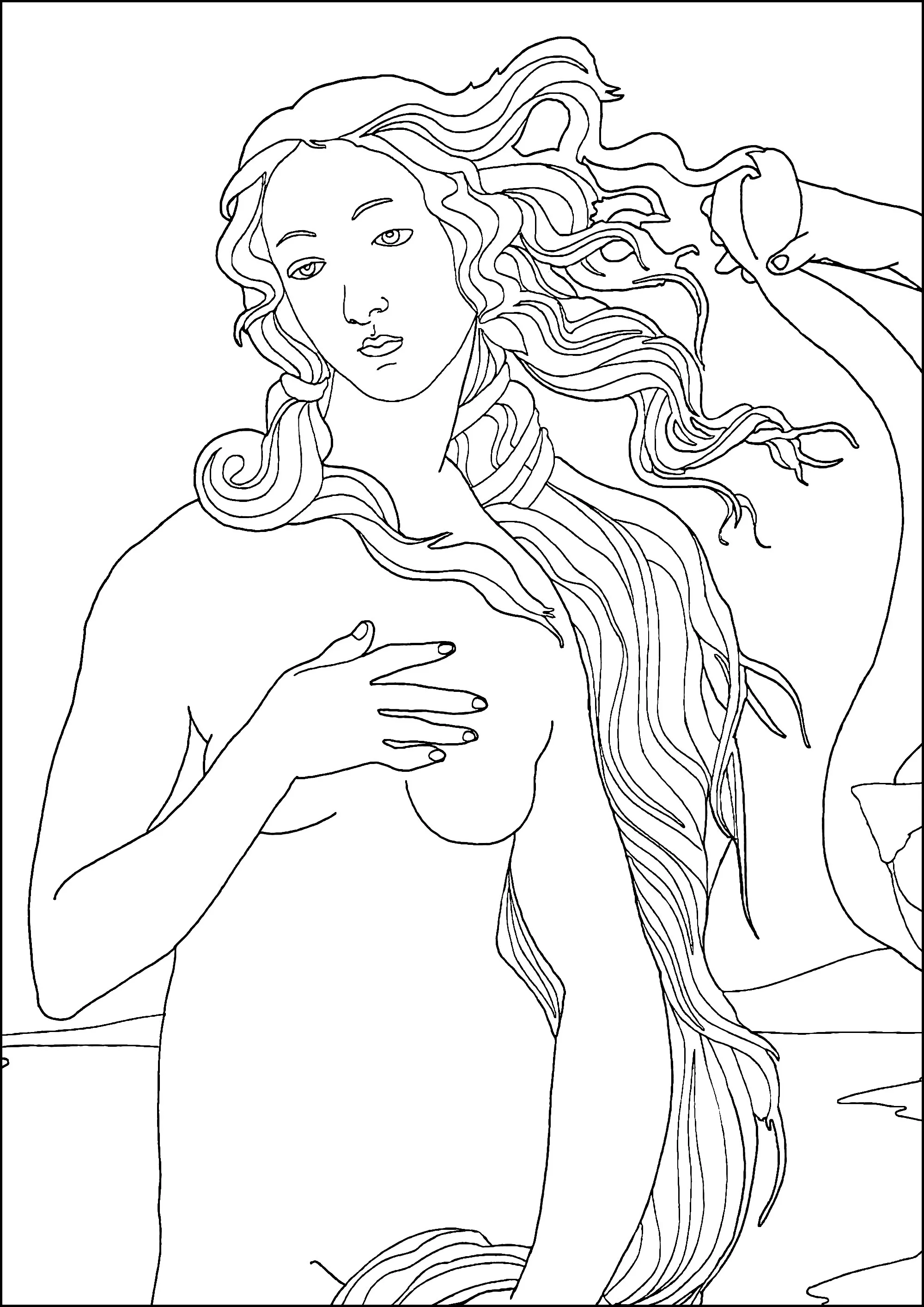 Sandro Botticelli - The Birth of Venus (1486) - fine-line version (Printable Masterpiece Coloring Page for adults)