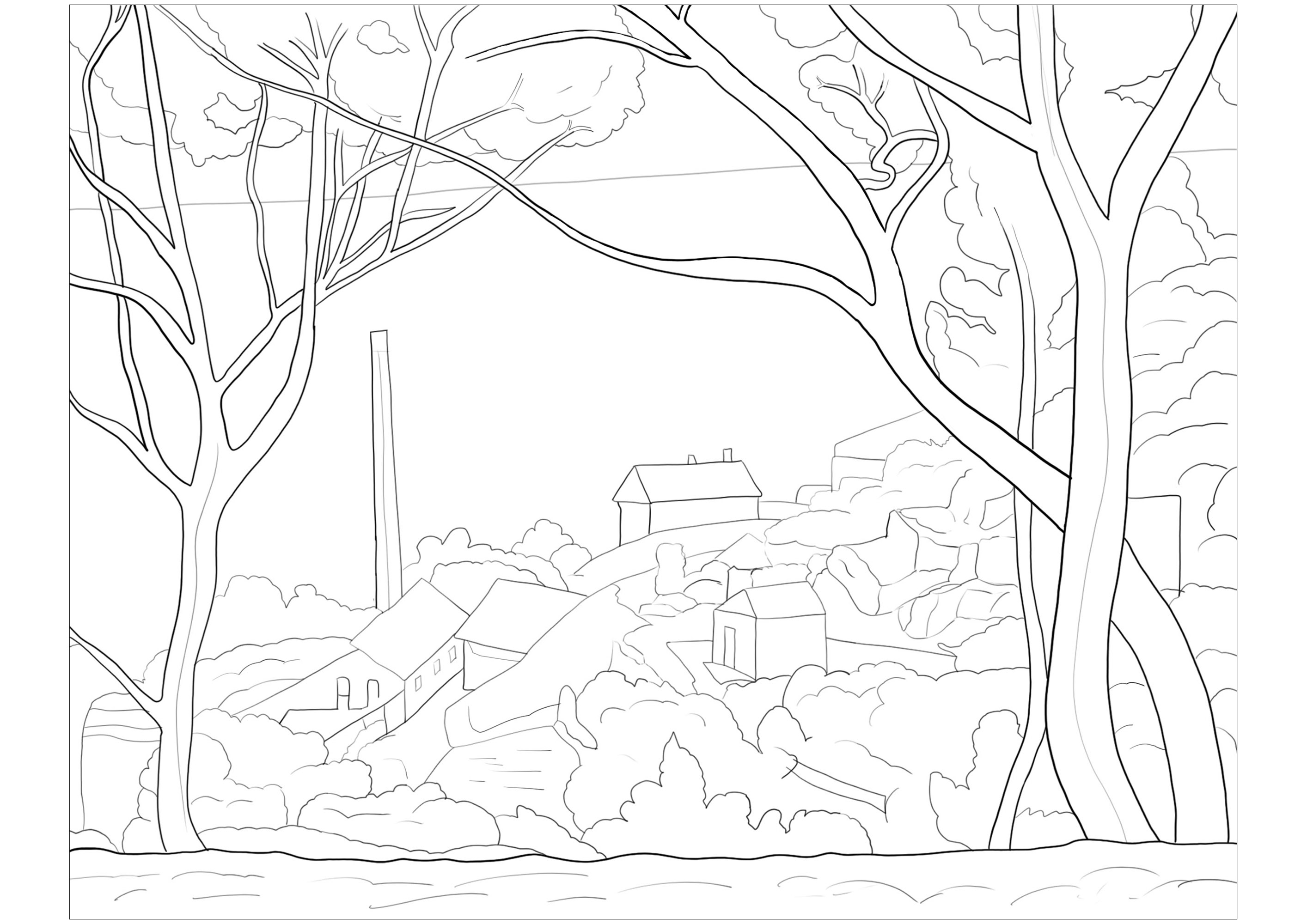 Coloring page created from The sea at l'Estaque by Paul Cézanne (1879)