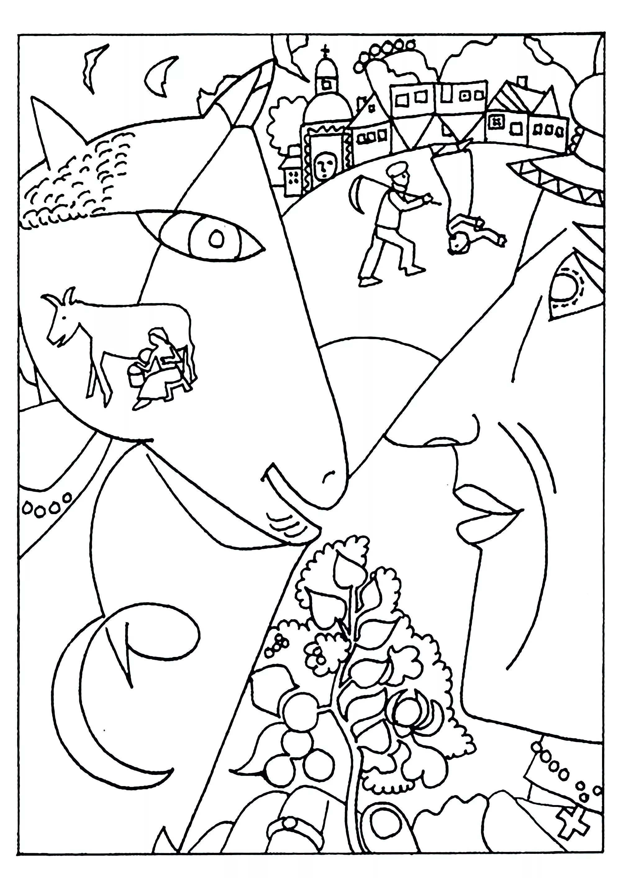 Marc Chagall - I and the village (1911) (Printable Masterpiece Coloring Page for adults)