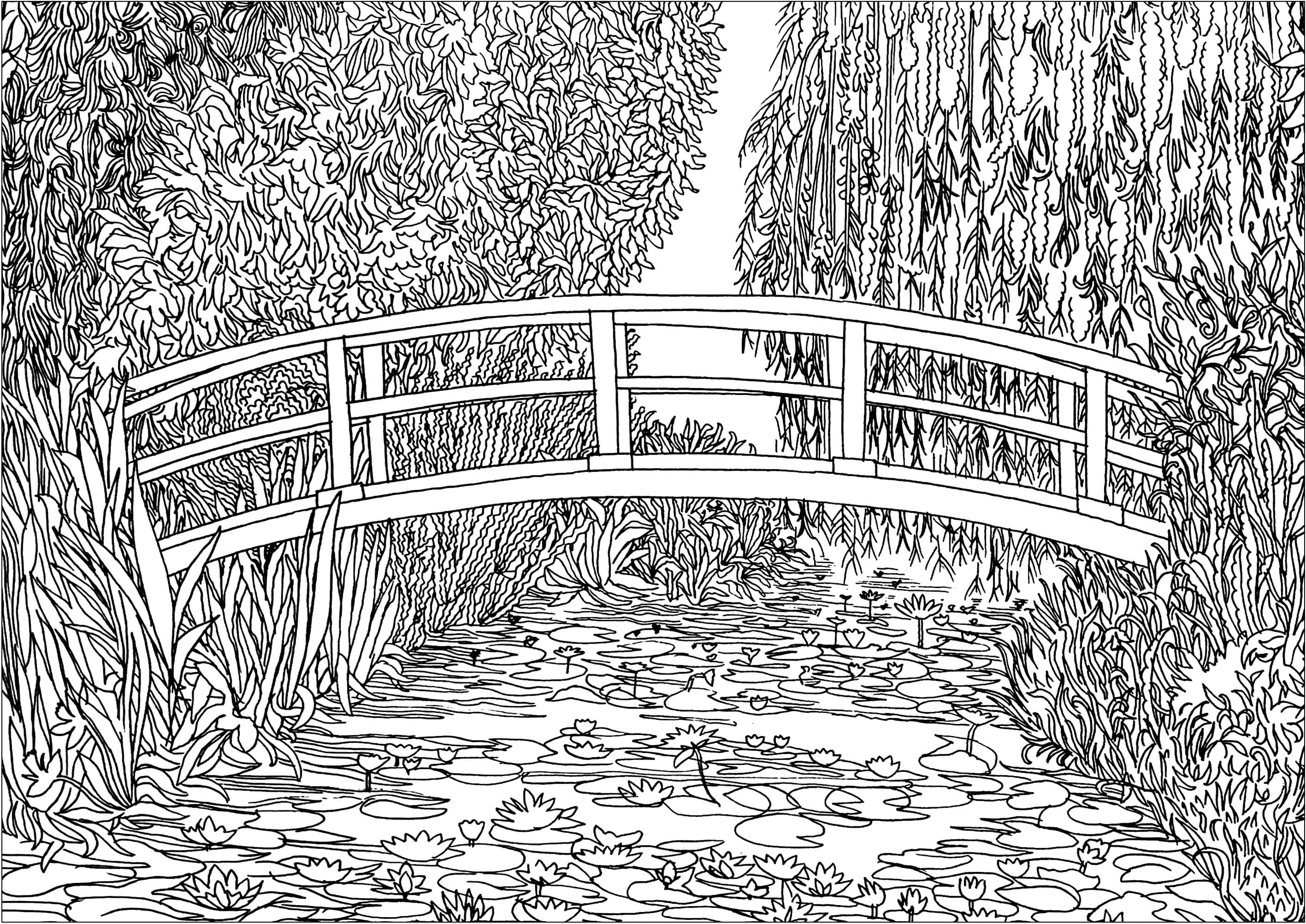 Coloring page created from 'The Water Lily Pond' (1899) by Claude Monet. In 1893, Monet, painter but also passionate horticulturist, purchased land with a pond near his property in Giverny (France), intending to build something 'for the pleasure of the eye and also for motifs to paint'. The result was his water-lily pond.