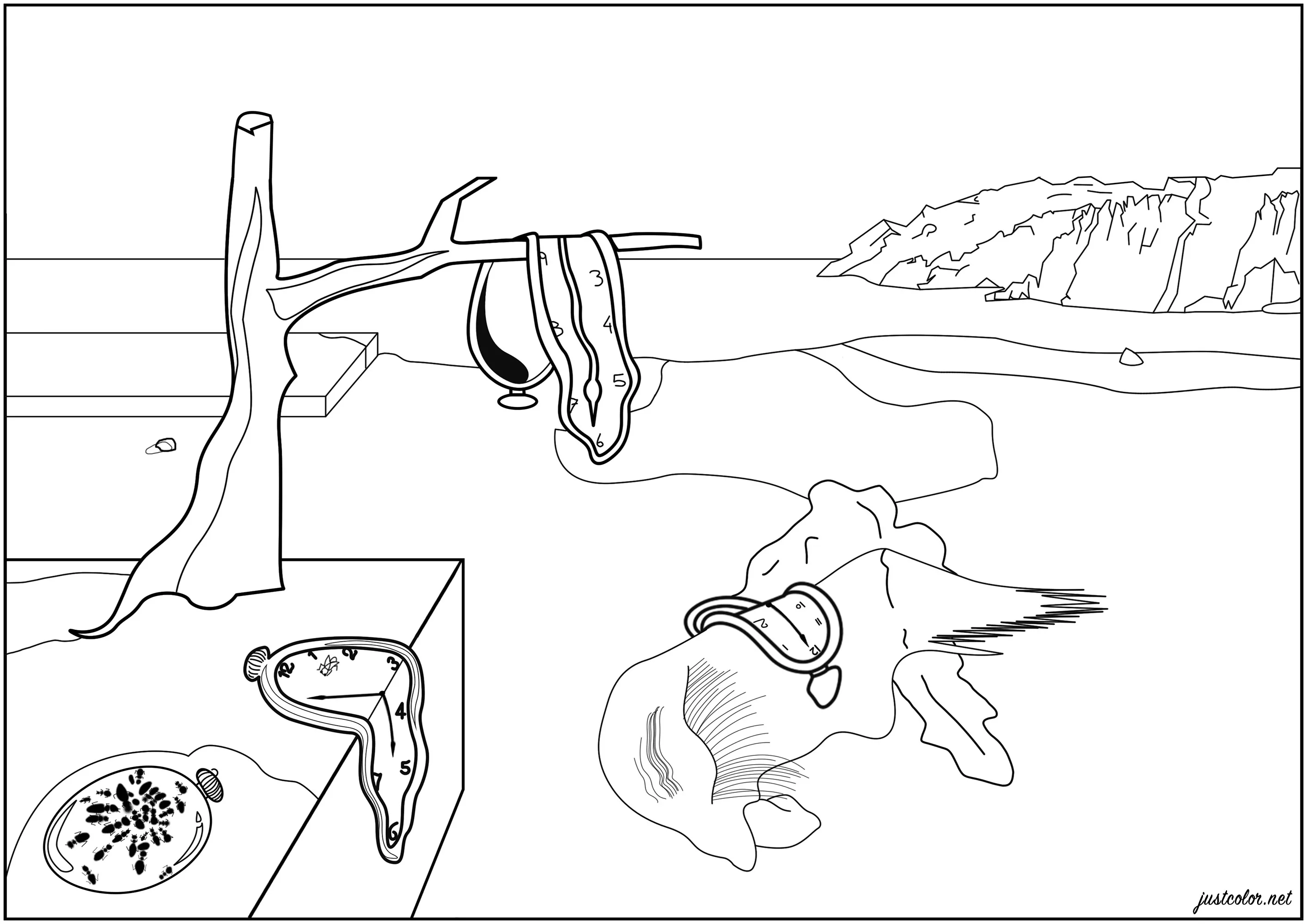 Salvador Dalí - The Persistence of Memory (1931) (Printable Masterpiece Coloring Page for adults)