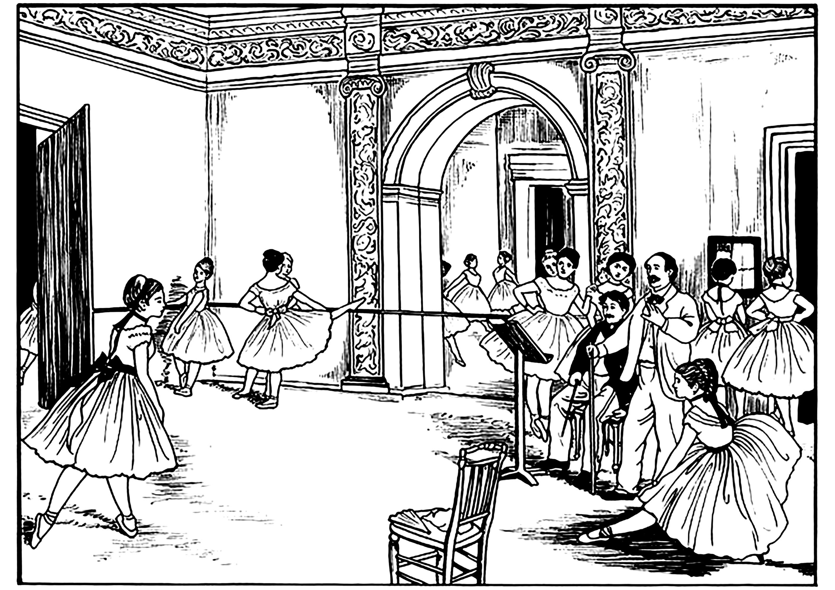 Coloring page created from 'The Dance Foyer at The Opera' by Edgar Degas.  Famous for his dancers, Edgar Degas (1834–1917), real name Hilaire Germain Edgar de Gas, is often considered one of the masters of Impressionism. His painting are characterized by an innovative composition combined with a remarkable analysis of movement.