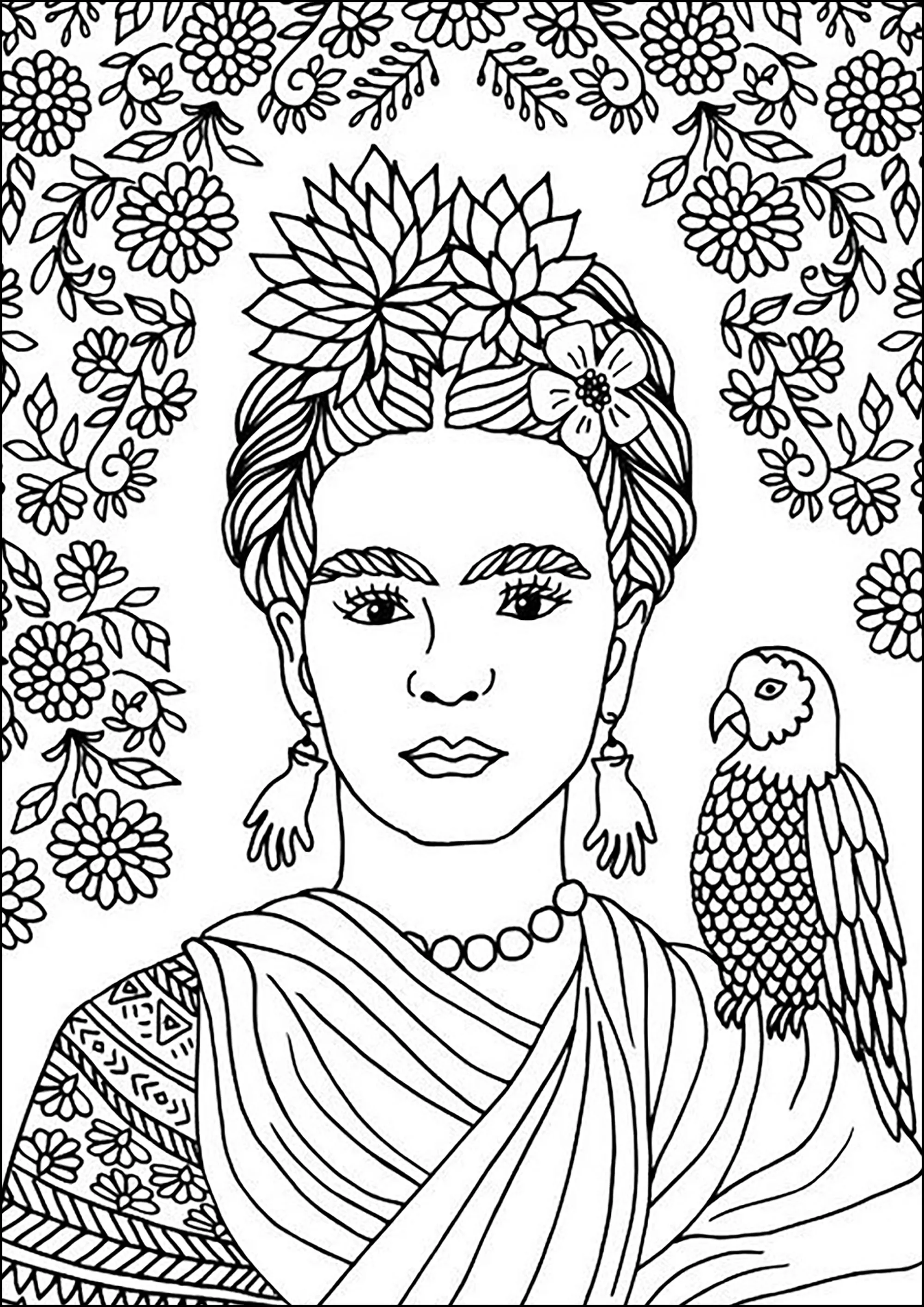 Frida Kahlo and a parrot (Printable Masterpiece Coloring Page for adults)