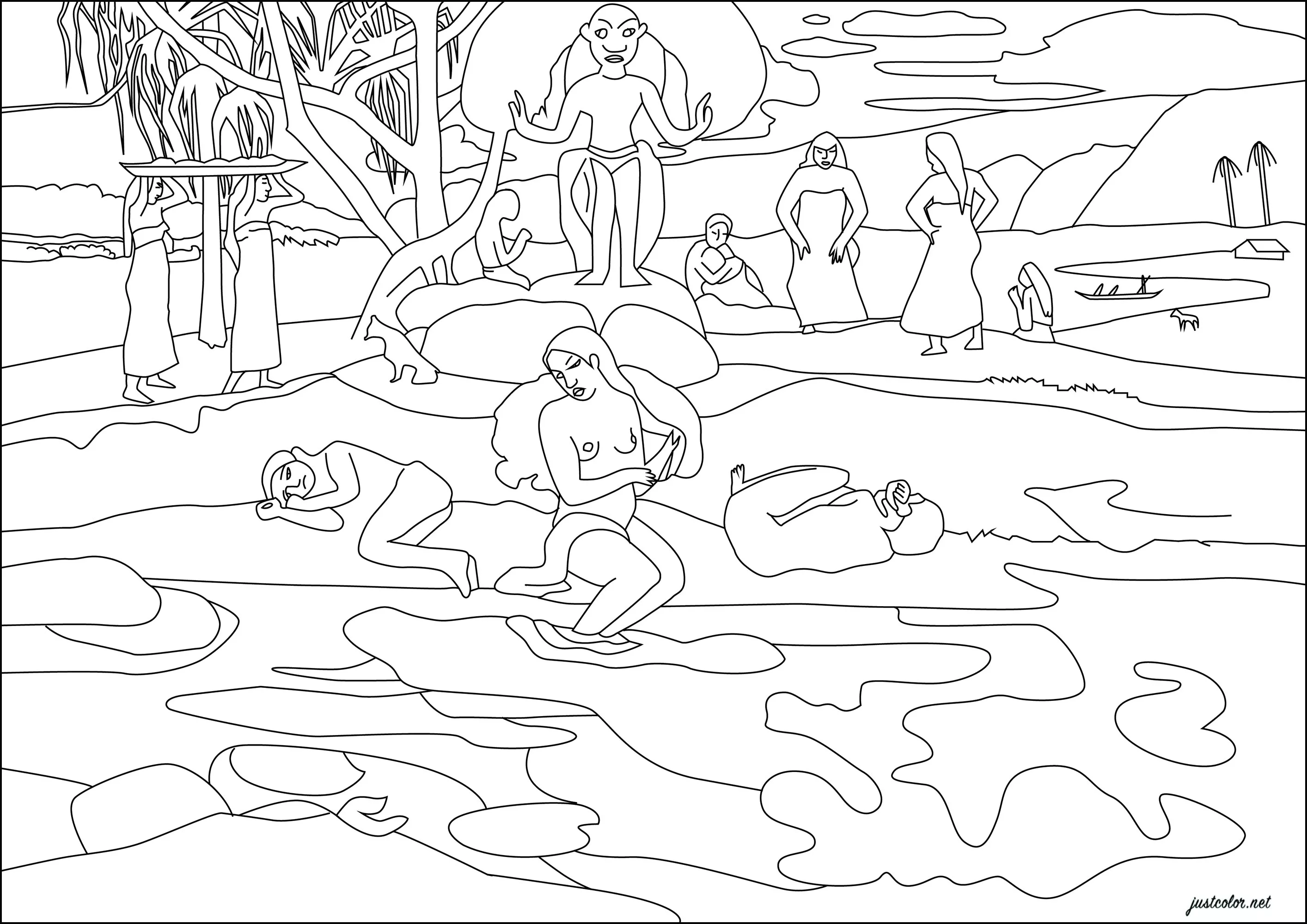 Paul Gauguin: Mahana no atua (God's Day) (1894) (Printable Masterpiece Coloring Page for adults)