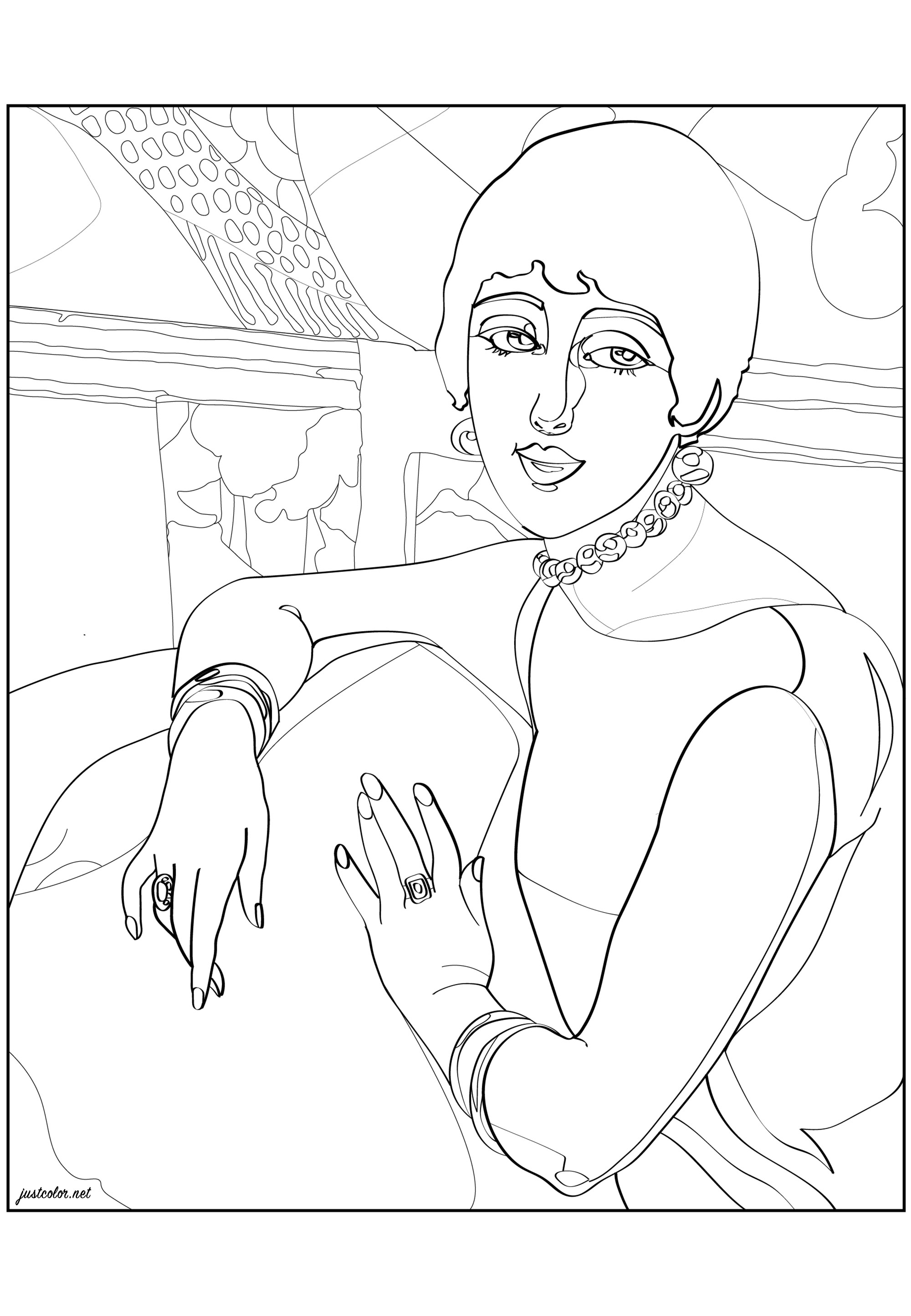 Coloring page created from Gerda Webener's painting 'Lily' (1922). Wegener (Danish illustrator and painter) is known for her fashion illustrations in a unique Art Deco or sometimes Art Nouveau style, and also for her paintings that pushed the boundaries of gender and love of her time. These works were classified as lesbian erotica at times and many were inspired by her partner, the transgender woman Lili Elbe.