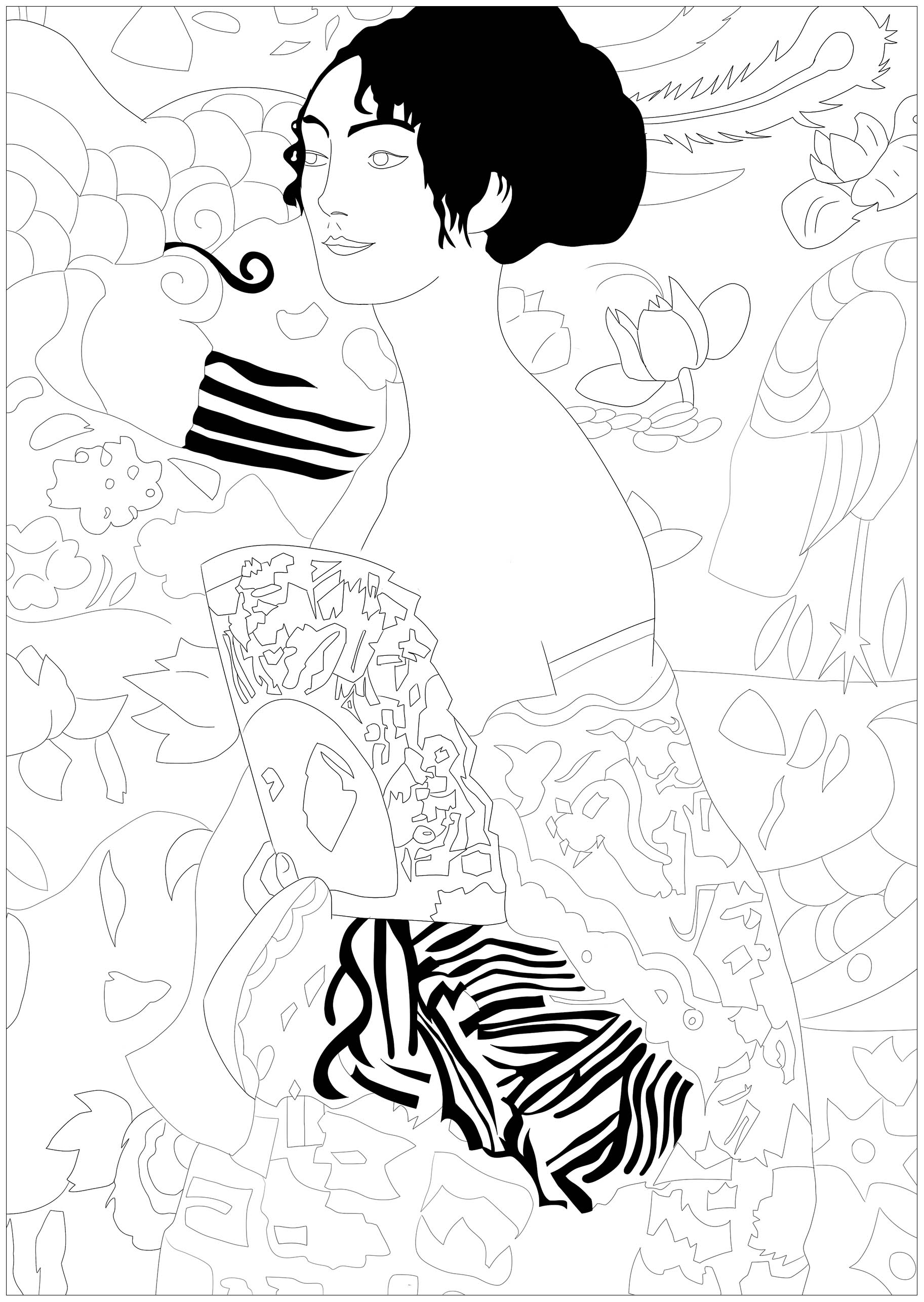 Coloring page inspired by a master piece by Gustav Klimt : Lady with fan, Artist : Ji. M