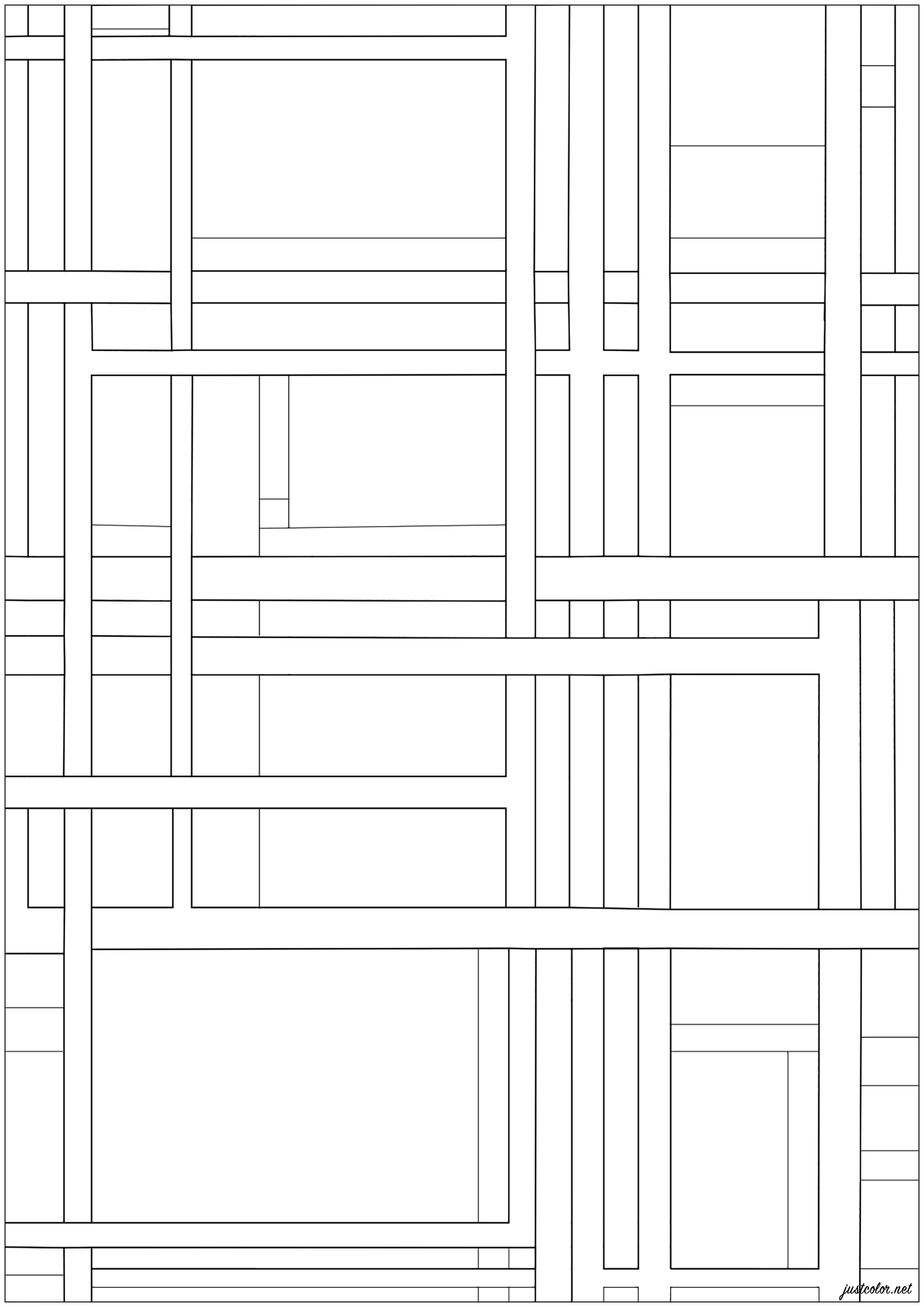 Coloring page created from Ilya Bolotowsky's painting 'City Rectangle' (1948). The orderly, grid-based composition of the paintings of this artist is marked by black and white lines of various widths and rectangular areas of unmodulated primary colors. Like Mondrian, Bolotowsky strove to establish a balance of horizontals and verticals that would be at once harmonious and dynamic.