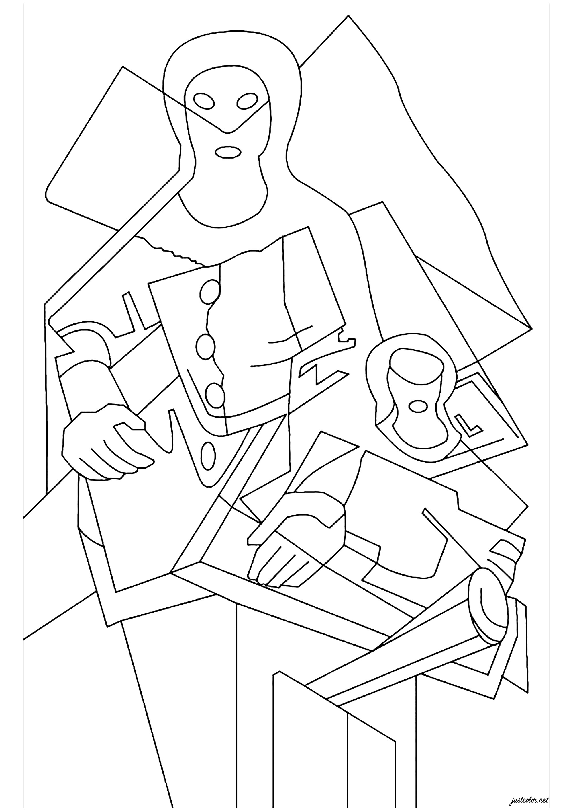 Coloring based on 'Pierrot' by Juan Gris (1921). Juan Gris (1887- 1927) was one of the pioneers of the Cubist movement. From 1902 to 1904, he studied mechanical drawing at the Escuela de Artes y Manufacturas in Madrid, during which time he produced drawings for local periodicals. In 1904, he began studying painting with the artist Jose Maria Carbonero. After moving to Paris in 1906, he befriended Pablo Picasso and Georges Braque, Artist : Théo D