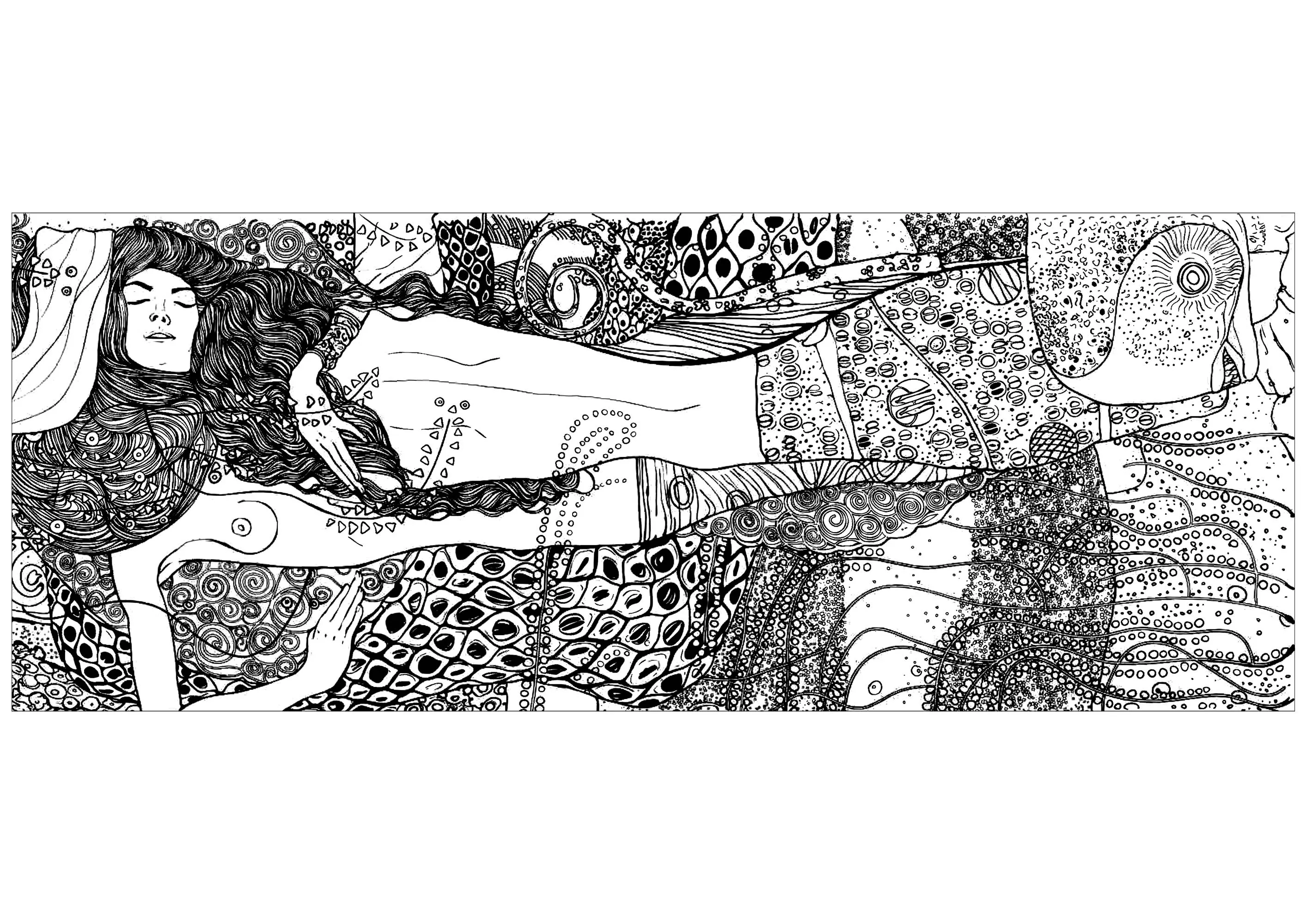 Klimt - Water serpents (Printable Masterpiece Coloring Page for adults)