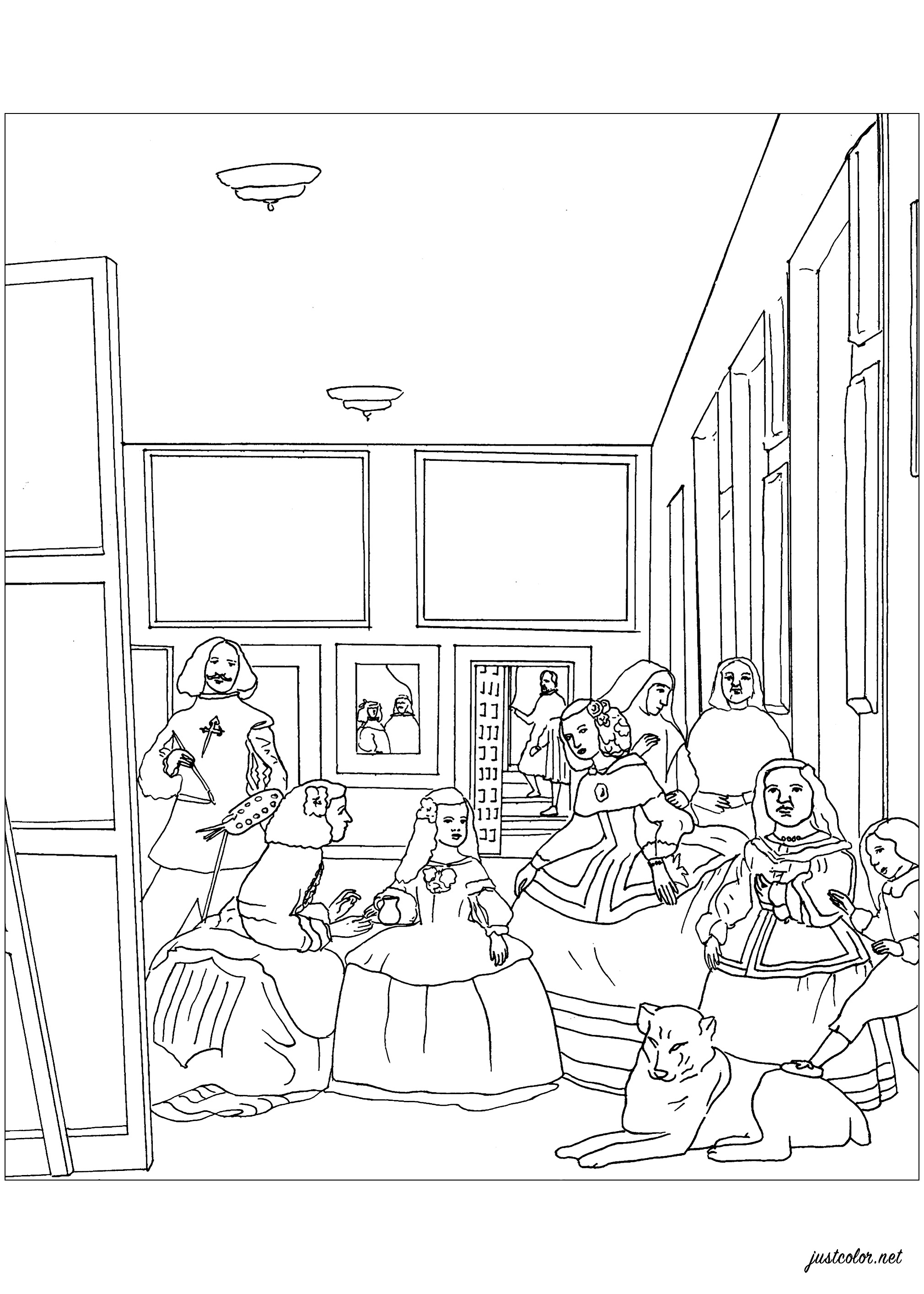Coloring page created from Diego Velasquez's famous painting 'Las Meninas' (1656).  'One of the most famous and controversial artworks of all time, Las Meninas (The Maids of Honour) is regarded as a dialogue between artist and viewer, with its double mirror imagery and sketchy brushwork that brings every figure and object in the room to life' (Phaidon's analysis)