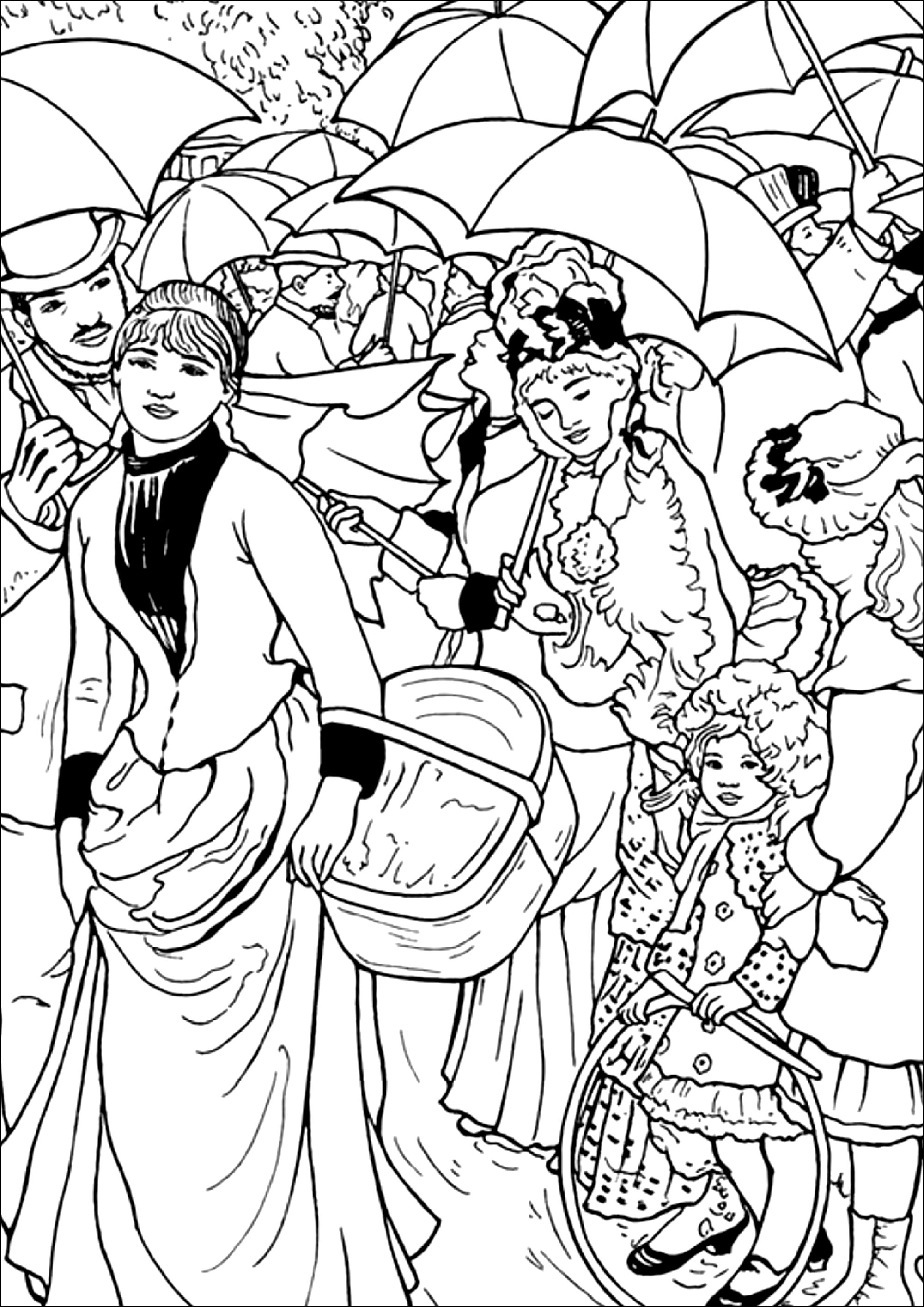 Pierre-Auguste Renoir - The Umbrellas (1881 - 1886) (Printable Masterpiece Coloring Page for adults)