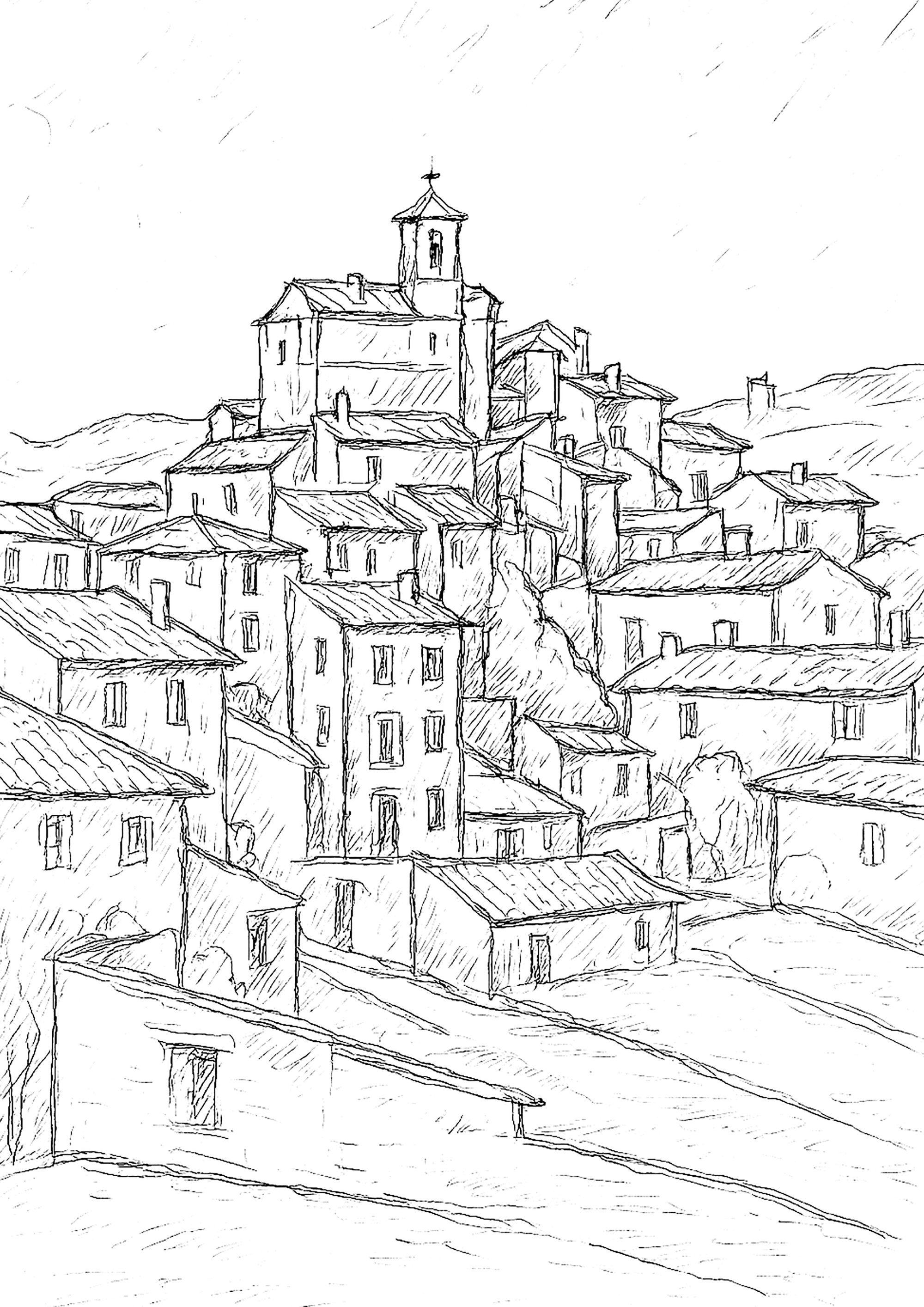 Paul Cézanne - Gardanne (MET New York) - drawing version (Printable Masterpiece Coloring Page for adults)