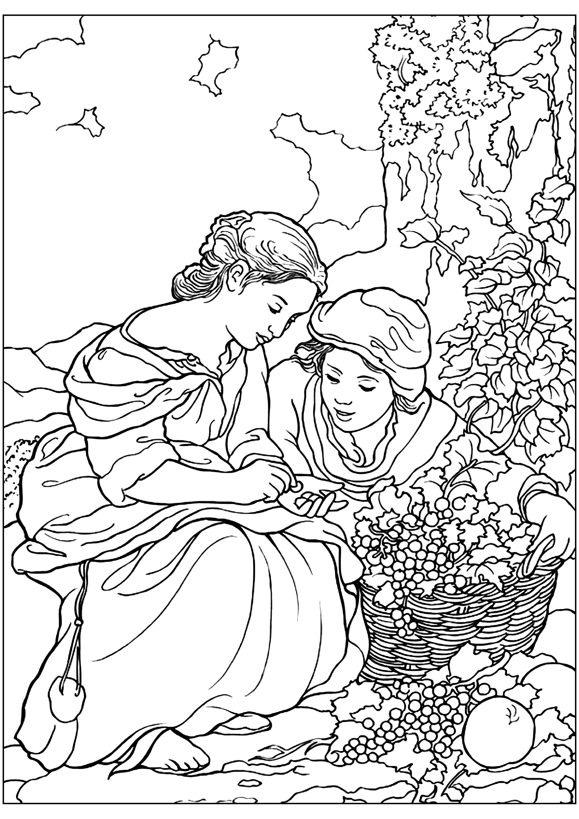 Bartolomé Esteban Murillo - The little fruit seller (1670 - 1675) (Printable Masterpiece Coloring Page for adults)