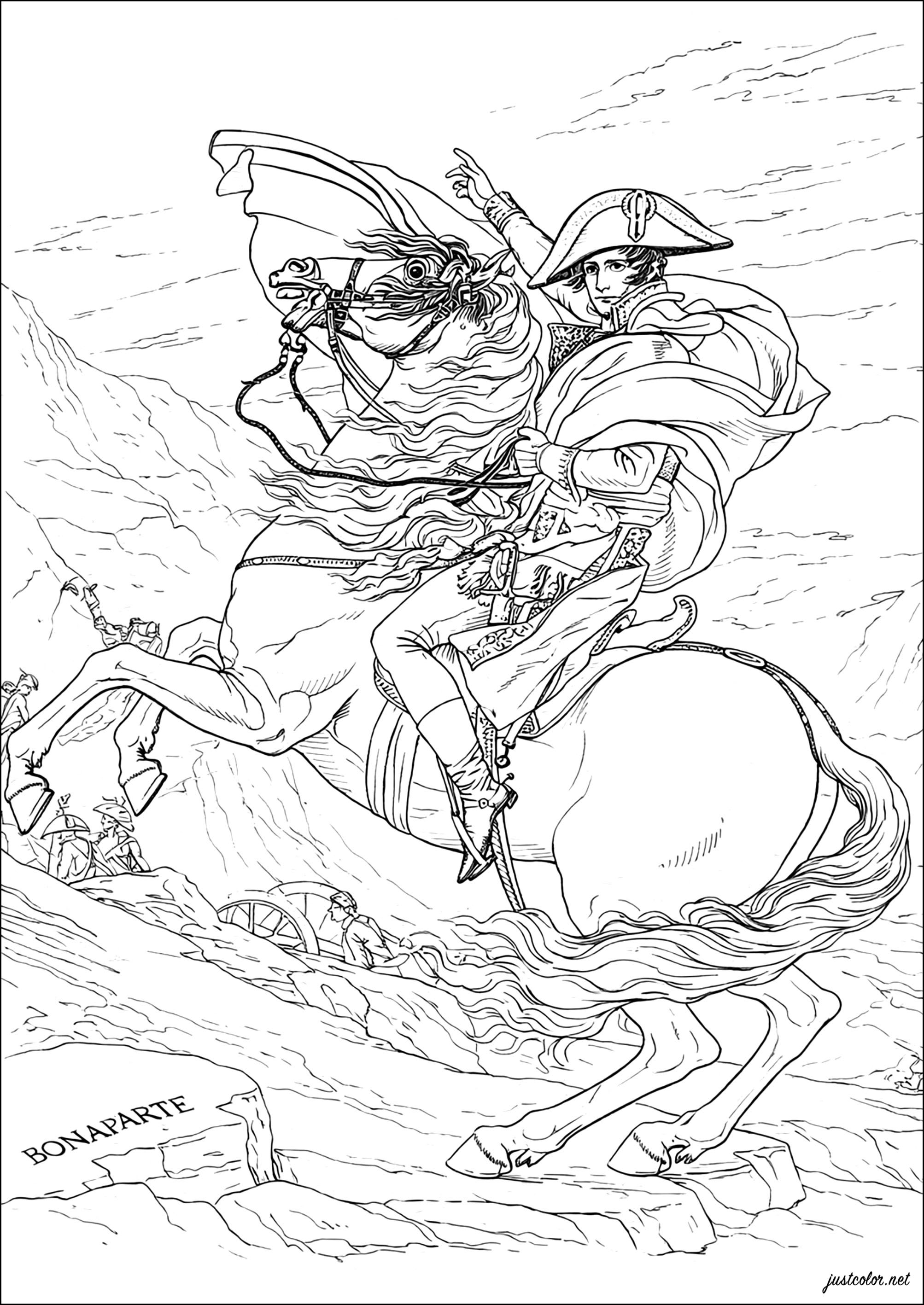 Bonaparte crossing the Great St Bernard (1800) by Jacques-Louis David (Printable Masterpiece Coloring Page for adults)