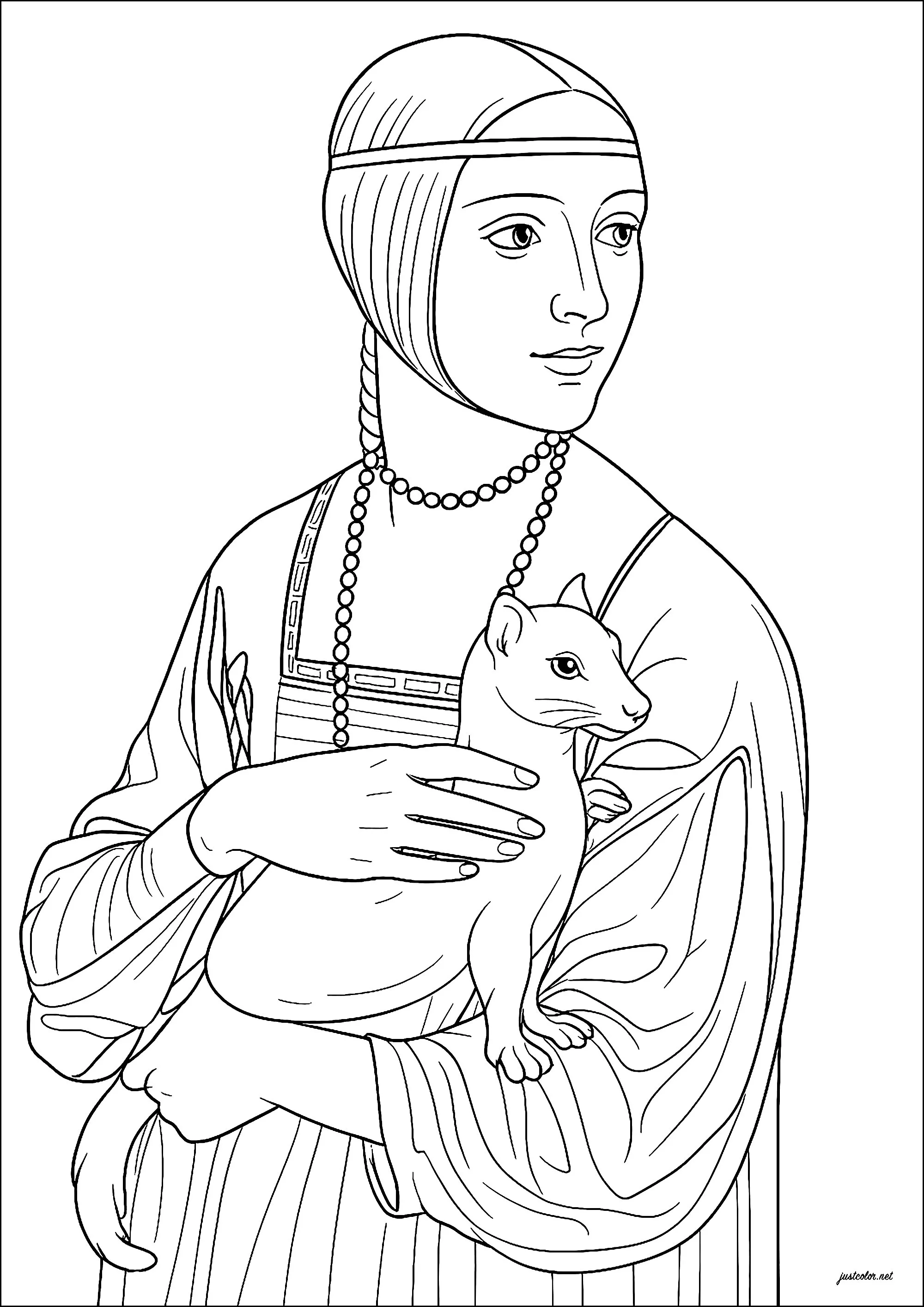 The Lady with an Ermine - Leonardo da Vinci (1489-1490) (Printable Masterpiece Coloring Page for adults)