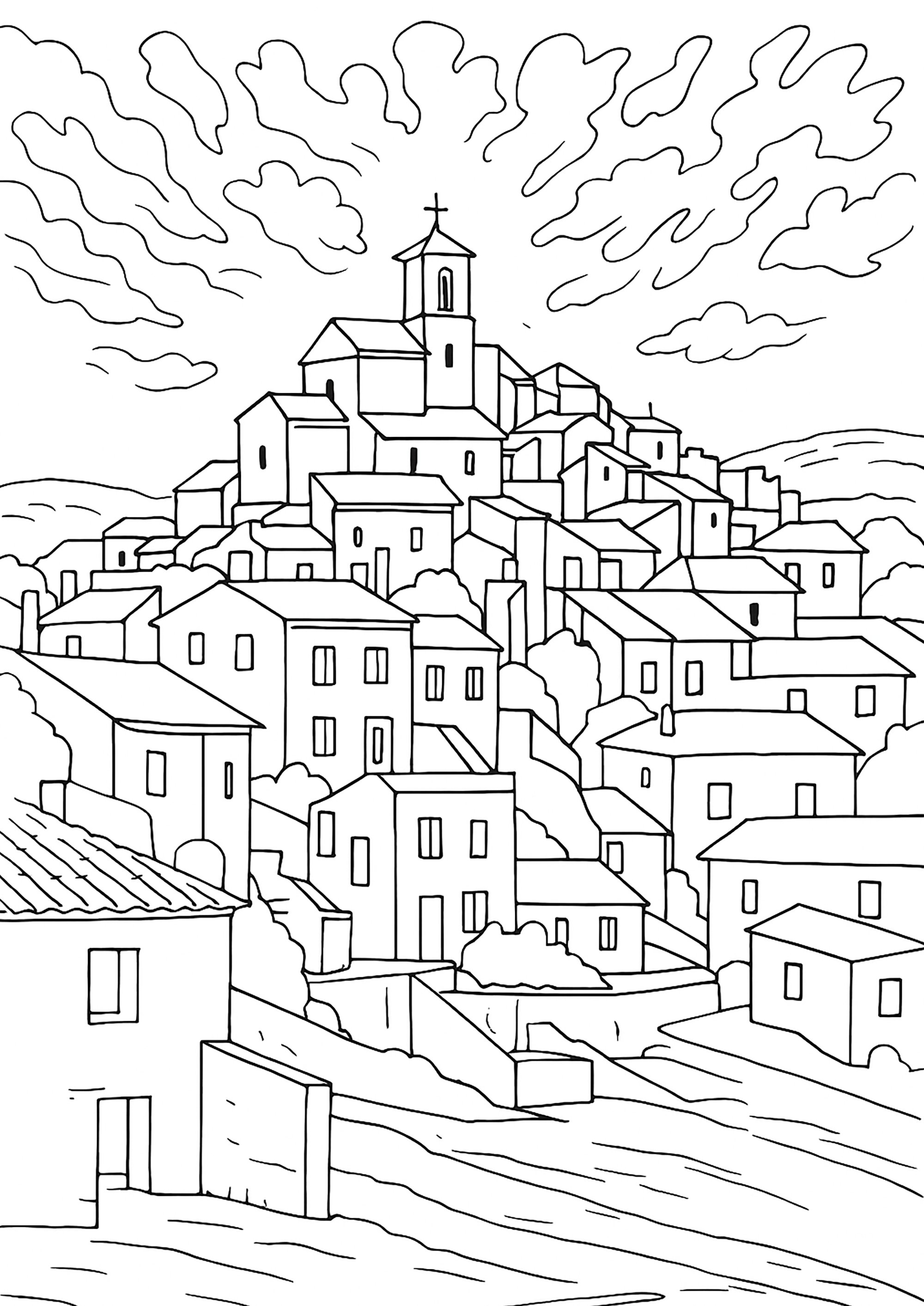 Paul Cézanne - Gardanne (MET New York) - vector version (Printable Masterpiece Coloring Page for adults)