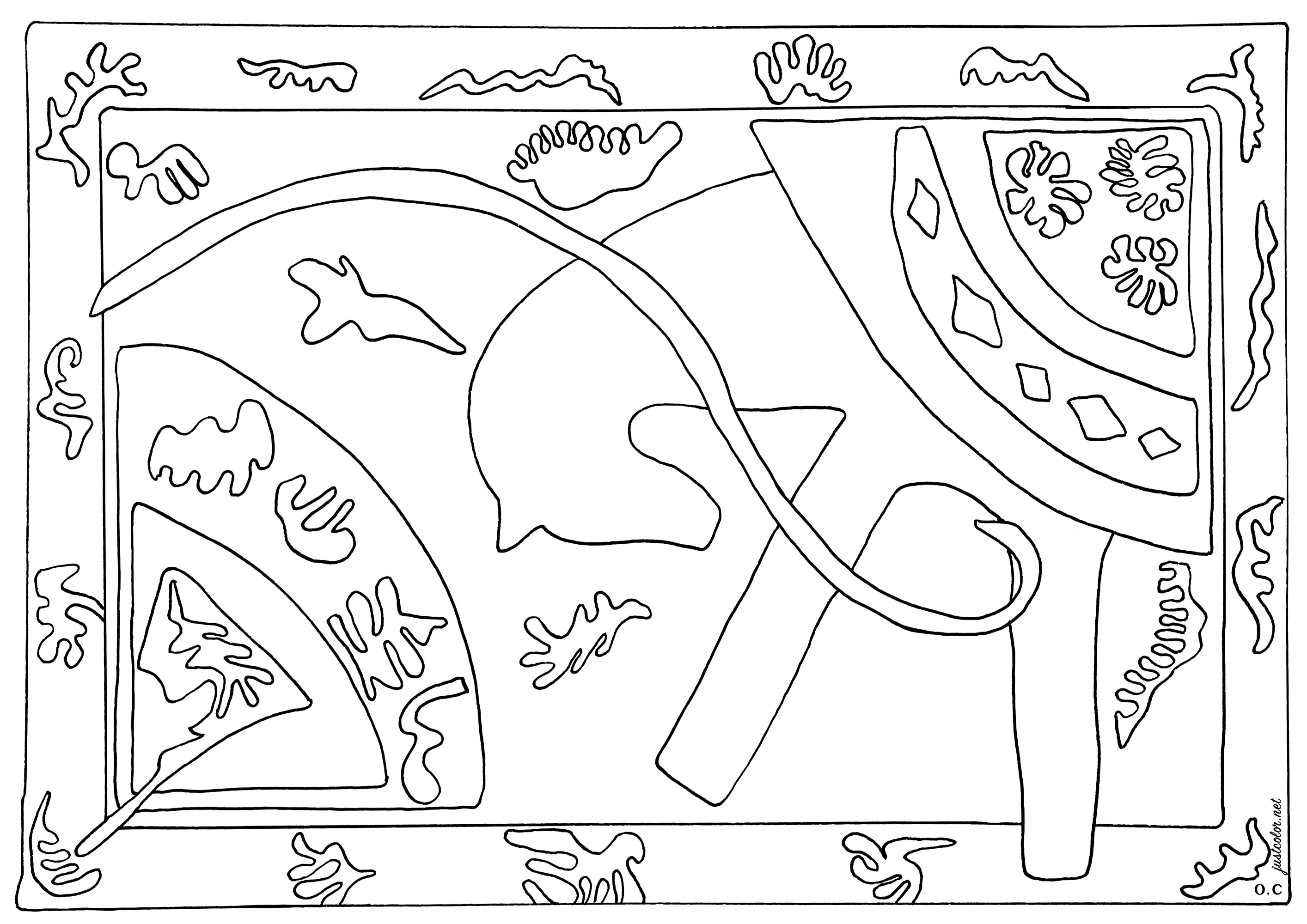 Coloring page created from Henri Matisse's illustration 'The Horse, The Rider and the Clown' for his illustration book Jazz (1947). 'Of all Matisse's books, Jazz is undoubtedly the most important; it provokes a real revolution in the work of the artist and in the history of contemporary art... The war had darkened Paris and the rare lights which filtered by the windows appeared like miraculous jewels. It is this impression which Matisse had wanted to give by making these brightly colored stars burst on a black background' (Tribute to Tériade). Matisse noted of the illustrations: 'drawing with scissors. Cutting raw in color reminds me of the direct carving of sculptors'.
