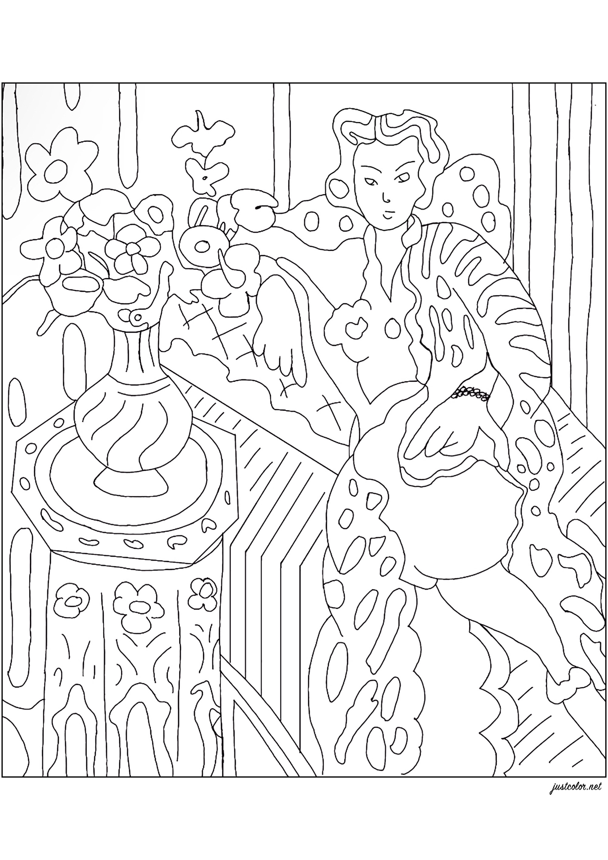 Coloring from 'Odalisque a la robe persane jaune' (1937) by Henri Matisse. In this painting, Matisse uses his familiar model, Hélène Galtzine, to depict a figure dressed in a yellow Persian dress, surrounded by the painter's personal objects, creating a dreamlike interior. Inspired by his travels in the Maghreb, Matisse revisited the odalisque motif, inherited from Orientalist nudes, modernizing them and transforming them into archetypes of the modern woman between the wars.