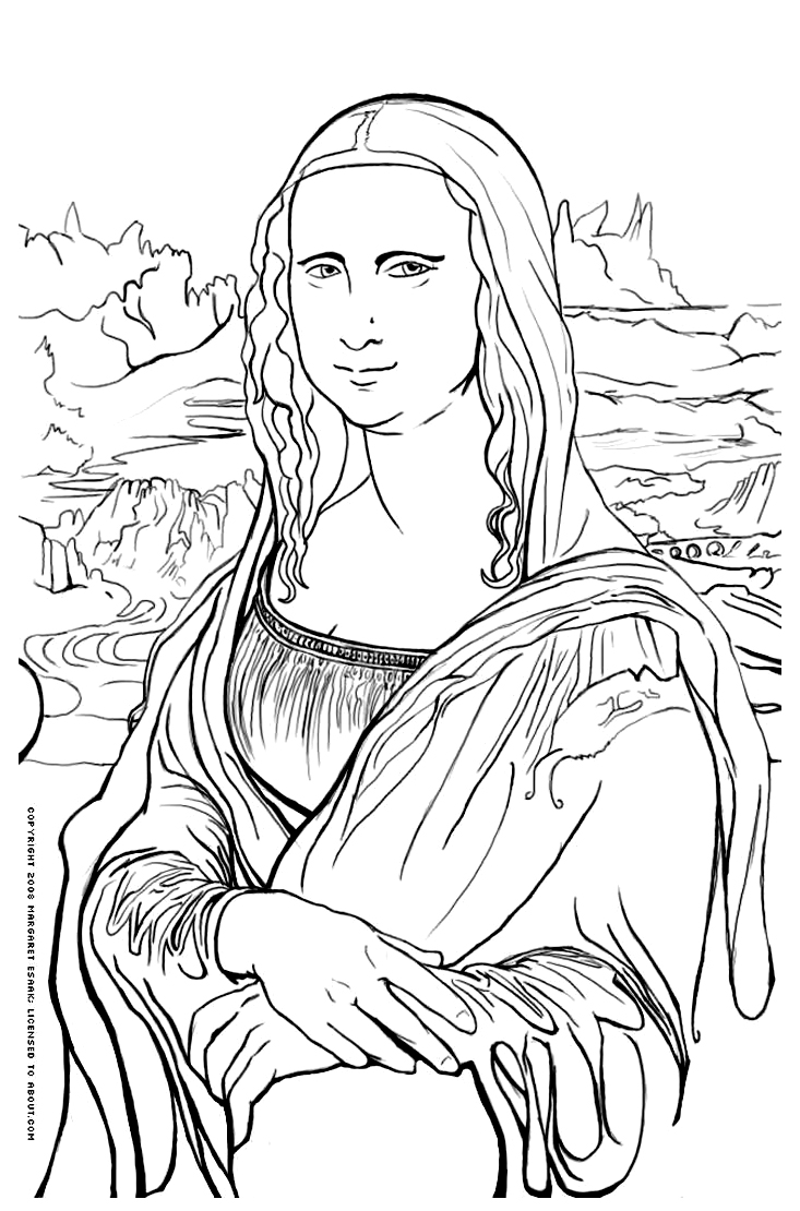 Coloring page created from Leonardo da Vinci's painting 'Mona Lisa' (1503-1517). Mona Lisa, also called Portrait of Lisa Gherardini, wife of Francesco del Giocondo, Italian La Gioconda, or French La Joconde, oil painting on a poplar wood panel by Leonardo da Vinci, probably the world’s most famous painting. It was painted sometime between 1503 and 1519, when Leonardo was living in Florence, and it now hangs in the Louvre Museum, Paris, where it remained an object of pilgrimage in the 21st century. The sitter’s mysterious smile and her unproven identity have made the painting a source of ongoing investigation and fascination.