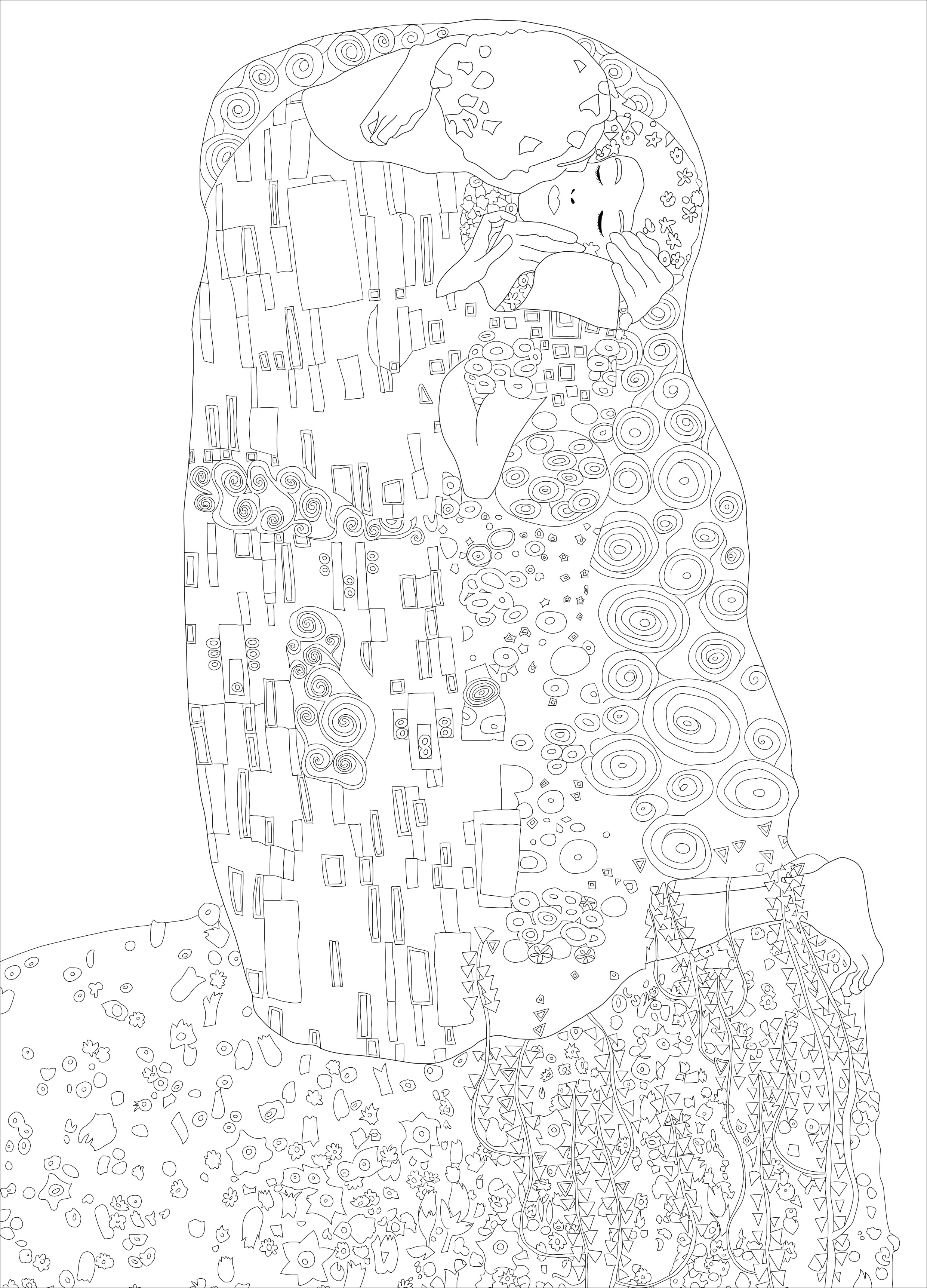 Coloring page created from the painting 'The Kiss' by Gustav Klimt. The painting is considered a masterpiece of the Art Nouveau movement and is one of Klimt's most popular works. It is currently housed at the Österreichische Galerie Belvedere museum in Vienna, Austria. The painting is known for its sensual and erotic nature, and its use of gold leaf and other decorative elements in the composition.
