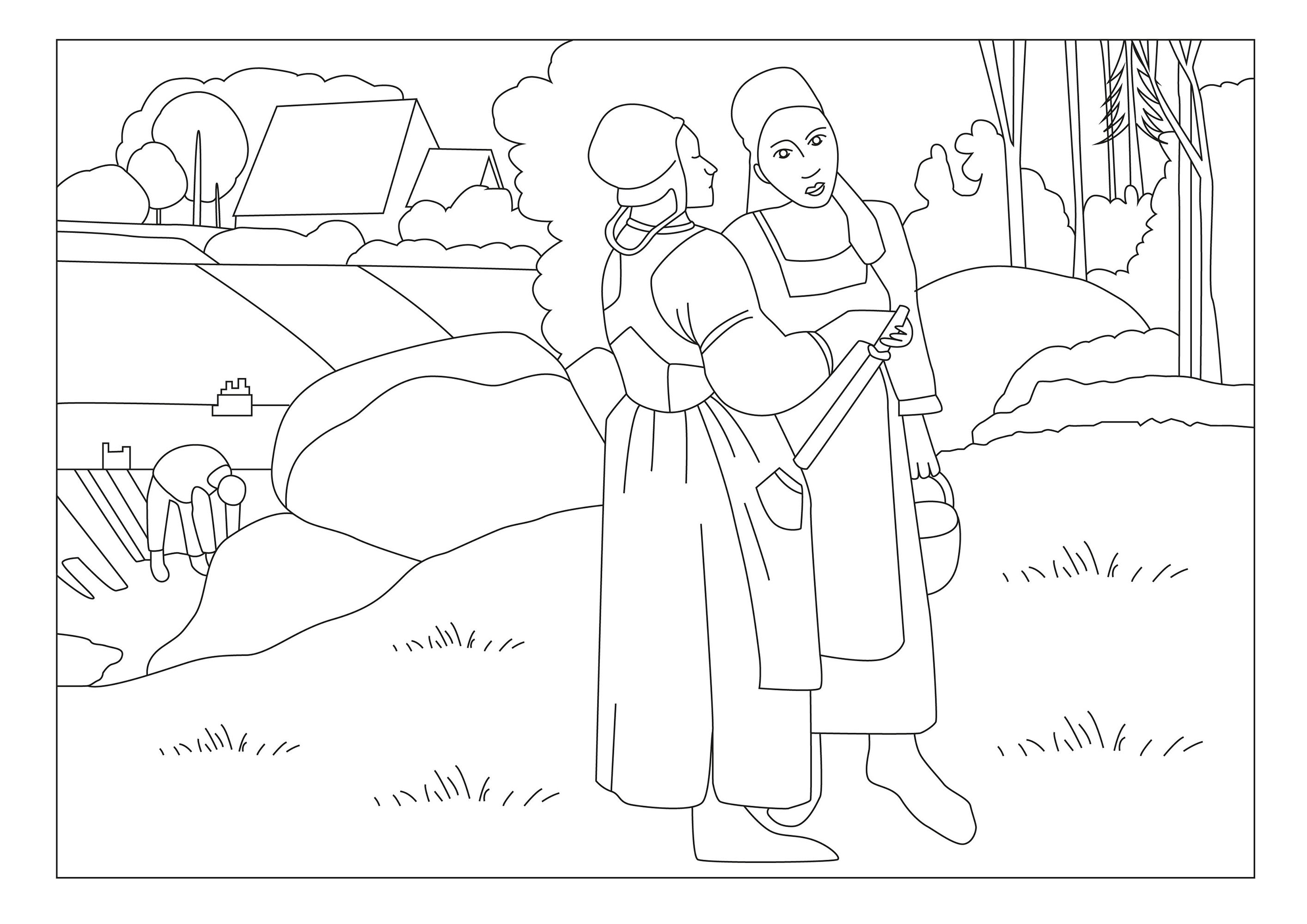 Coloring based on the painting Paysannes bretonnes (1894) by Paul Gauguin. This coloring page features two Breton peasant women in traditional costume, seated in front of a verdant landscape.Paul Gauguin's precise, delicate strokes have been faithfully reproduced in this coloring, offering a true immersion in his unique, recognizable style, Artist : Gaelle Picard