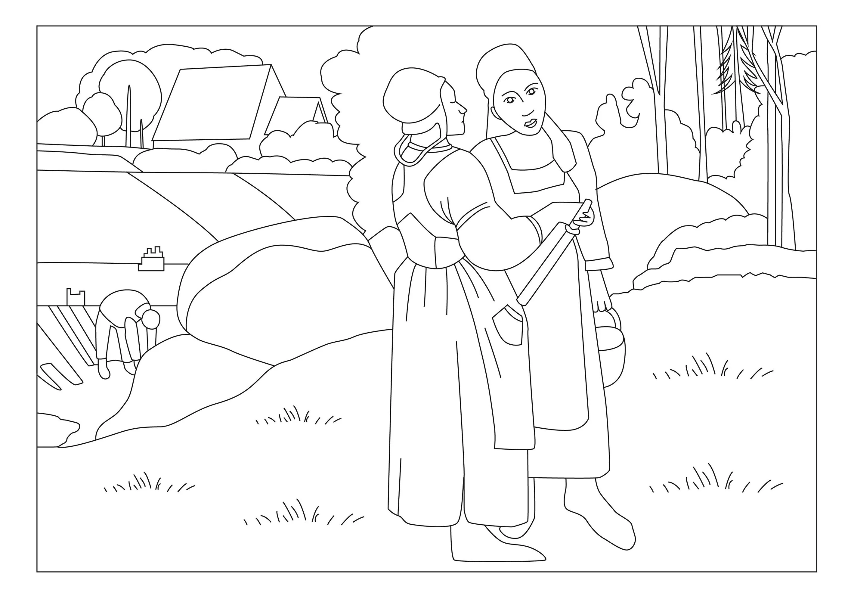 Paul Gauguin - Breton peasant women (1894) (Printable Masterpiece Coloring Page for adults)