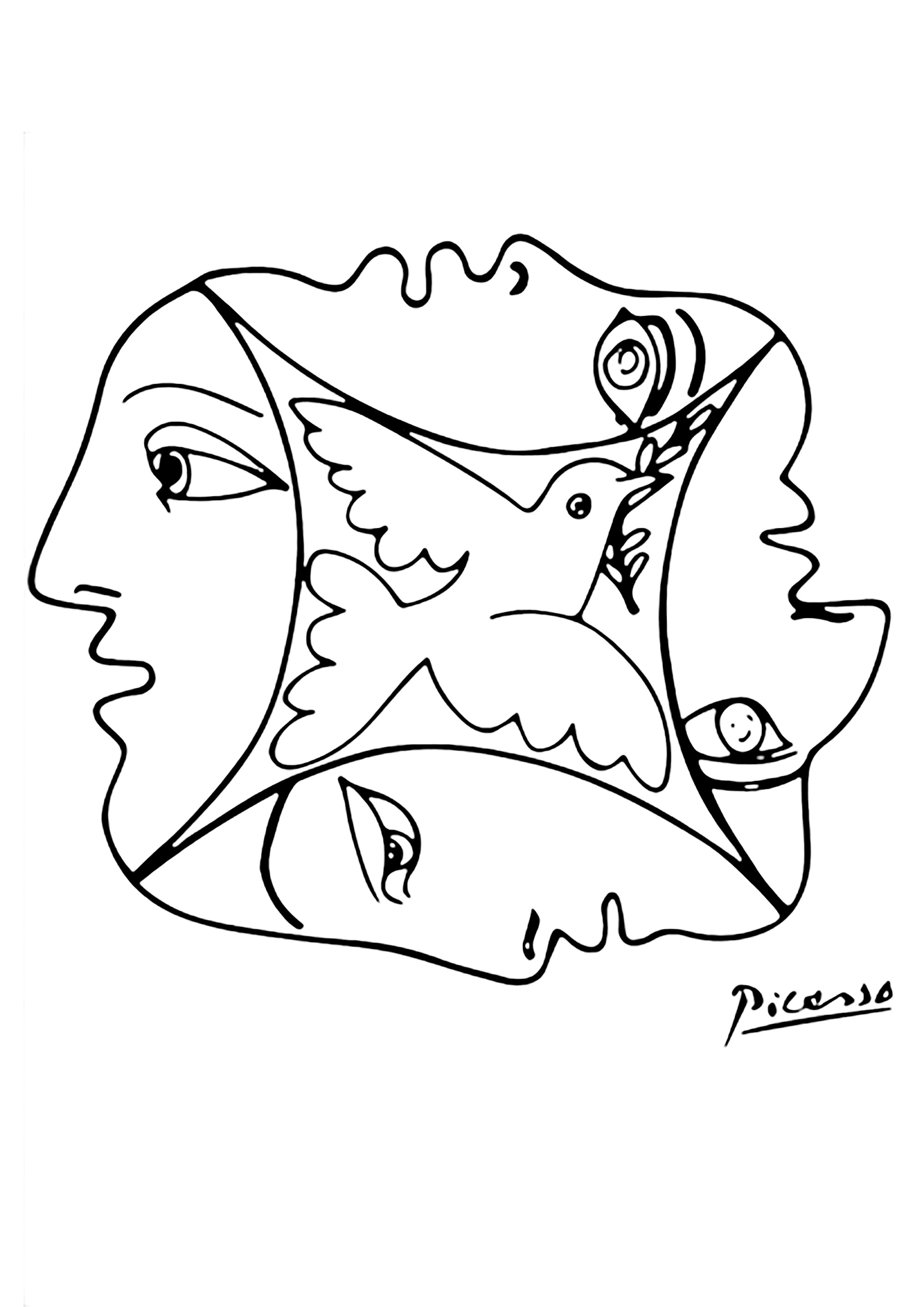 Coloring created from a drawing by Pablo Picasso with faces and a dove. Magnificent drawing symbolizing peace and fraternity