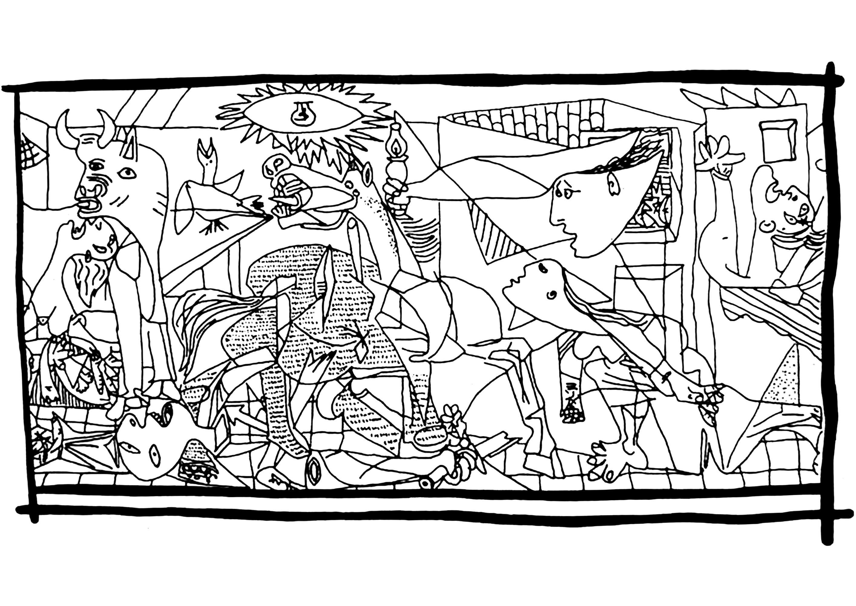 Coloring created from the painting Guernica by Pablo Picasso. Version with thick lines