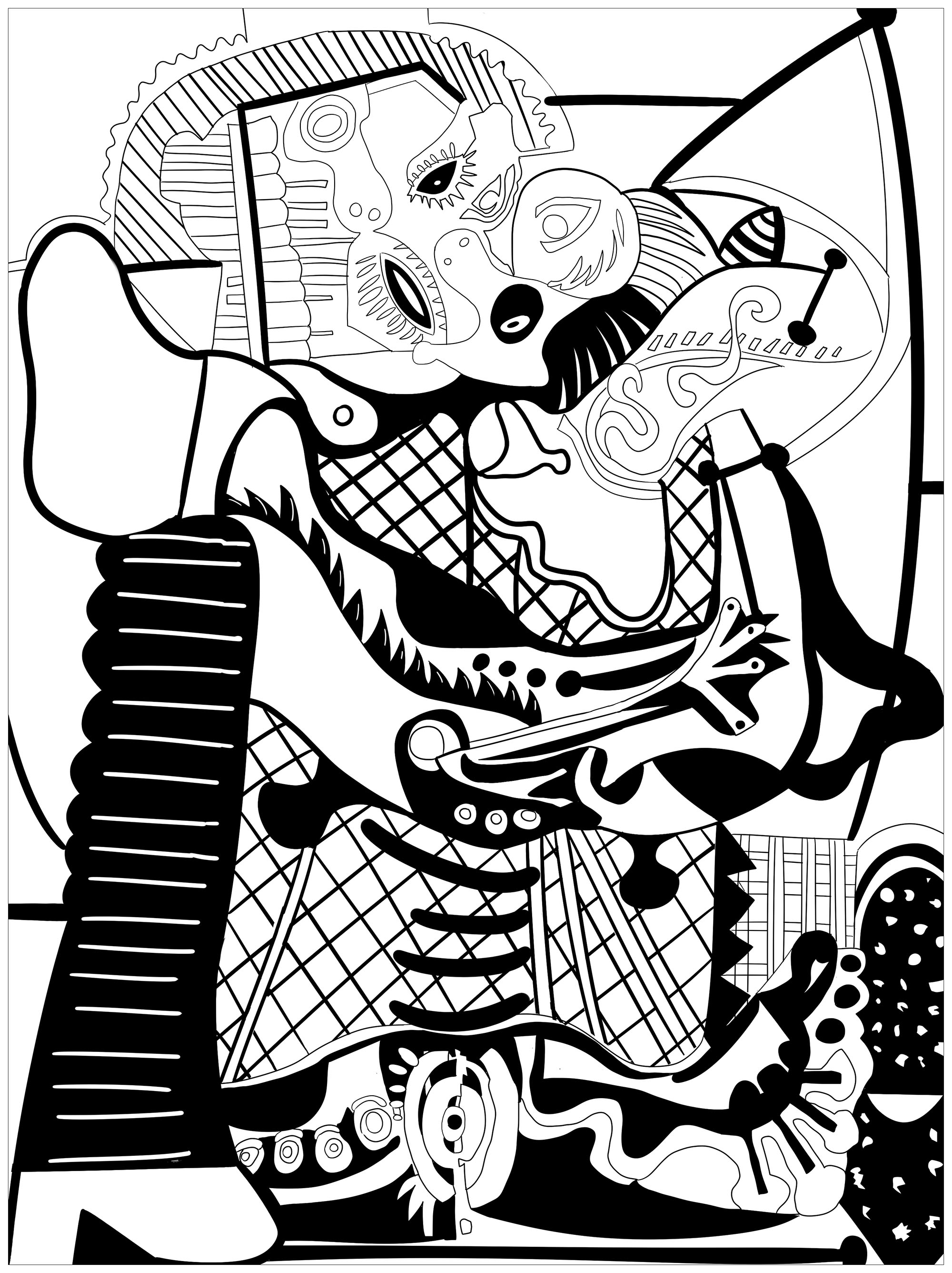 Coloring page inspired by a master piece by Pablo Picasso : The Kiss