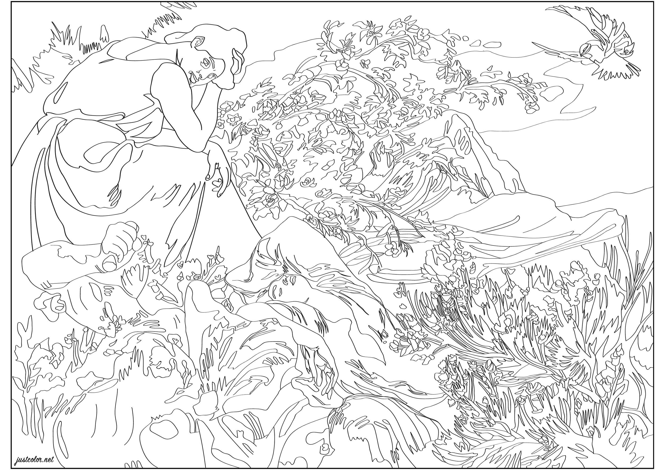 Coloring page created from Victor Prouvé's painting 'Stay of peace and joy' (1899).Born in Nancy in 1858, the son of a fine seamstress and an embroidery designer, Victor Prouvé studied drawing at the municipal school in his hometown. A few years later, he joined the School of Fine Arts in Paris as a scholarship holder, where he studied under the academic painter Alexandre Cabanel. He exhibited at the Salon of the National Society of Fine Arts from 1882 where he won several prizes while receiving his first orders.