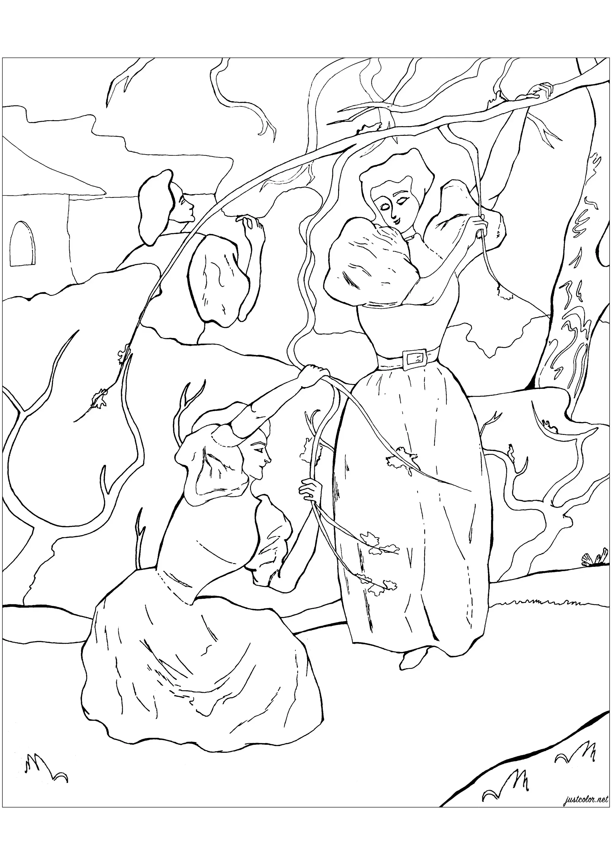 Paul-Élie Ranson - Three women under the blossoming trees (Printable Masterpiece Coloring Page for adults)