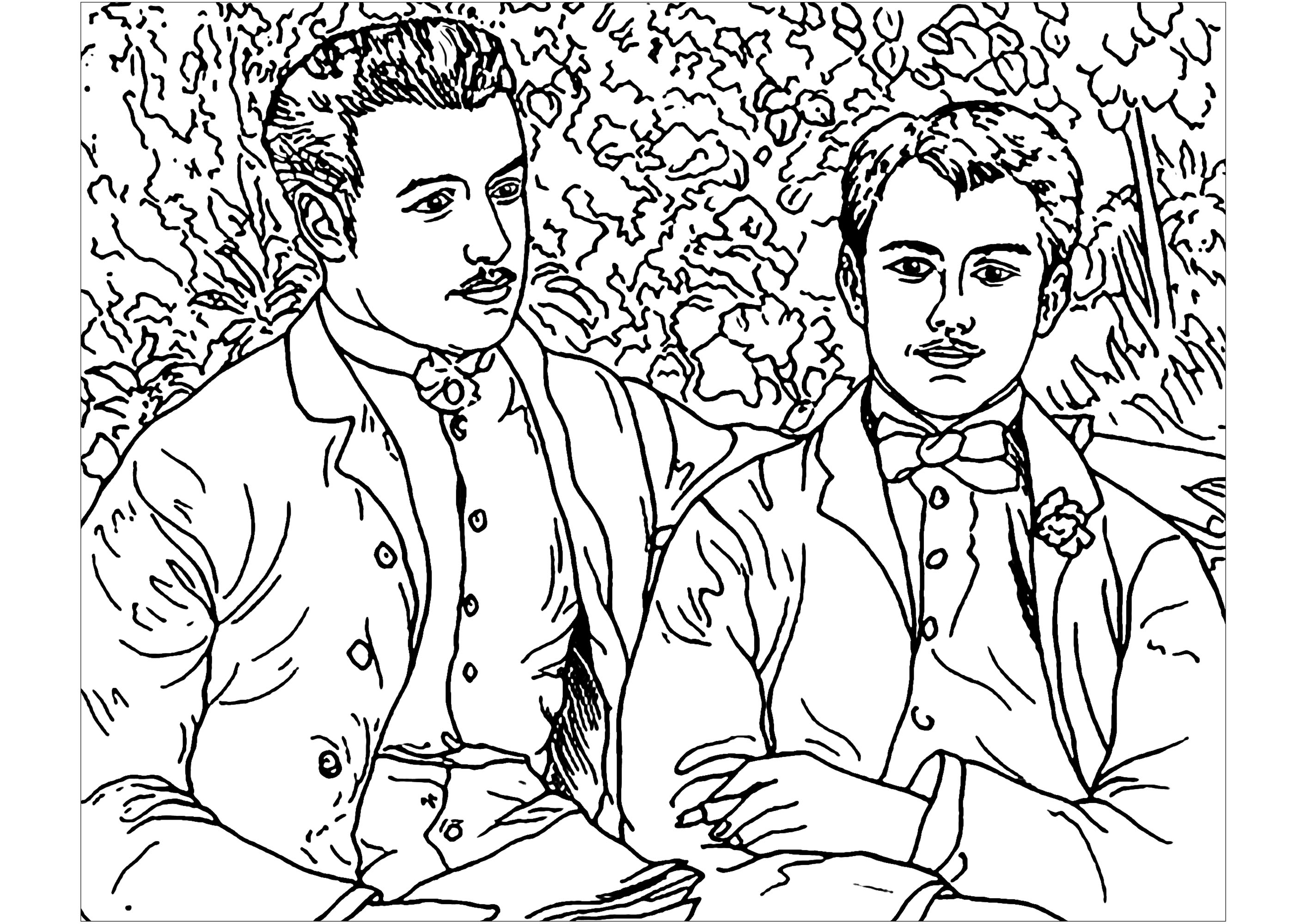 Coloring page inspired by a painting by Impressionist artist Pierre-Auguste Renoir : Portrait of Charles and Georges Durand Ruel