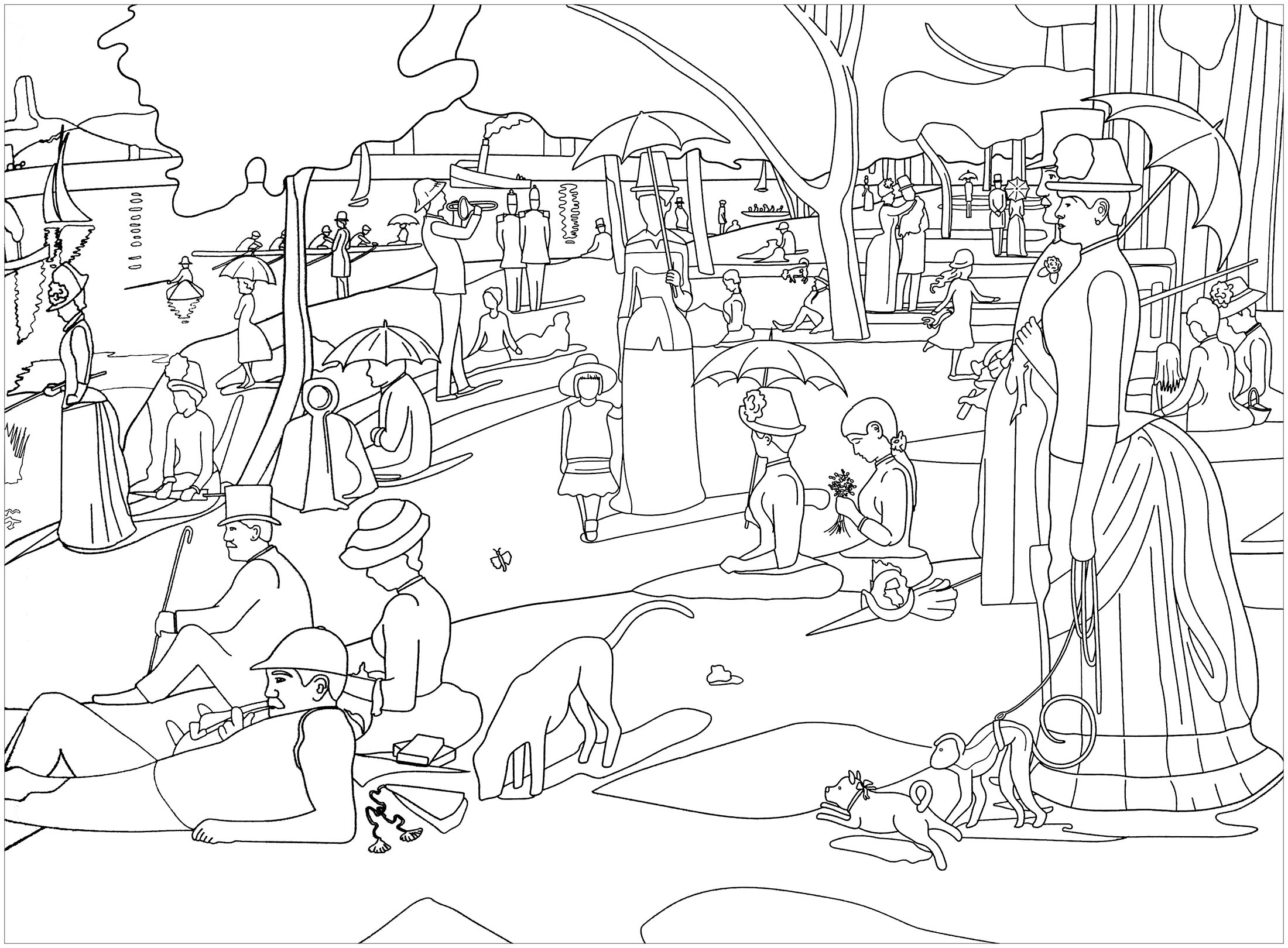 Coloring page inspired by a master piece by George Seurat : A Sunday on La Grande Jatte. This iconic painting, completed in 1884, depicts a scene along the Seine River where people leisurely enjoy their Sunday afternoon.Seurat's innovative technique, known as pointillism, involves applying small, distinct dots of color that, when viewed from a distance, blend together to create a harmonious image. Through meticulous planning and precise execution, Seurat achieved a sense of balance and tranquility in his work, capturing the essence of a serene day in the park.