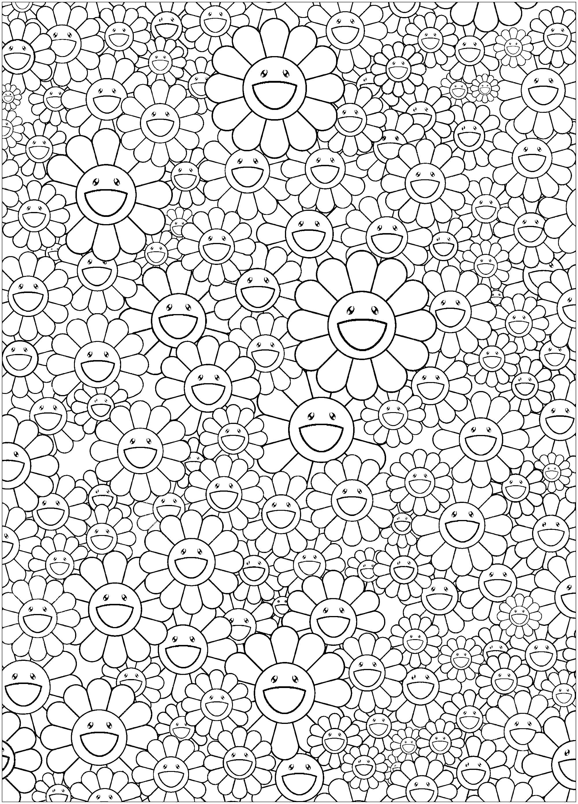 Coloring page inspired by a work by Japanese artist Takashi Murakami (style : Superflat). Happy flowers !