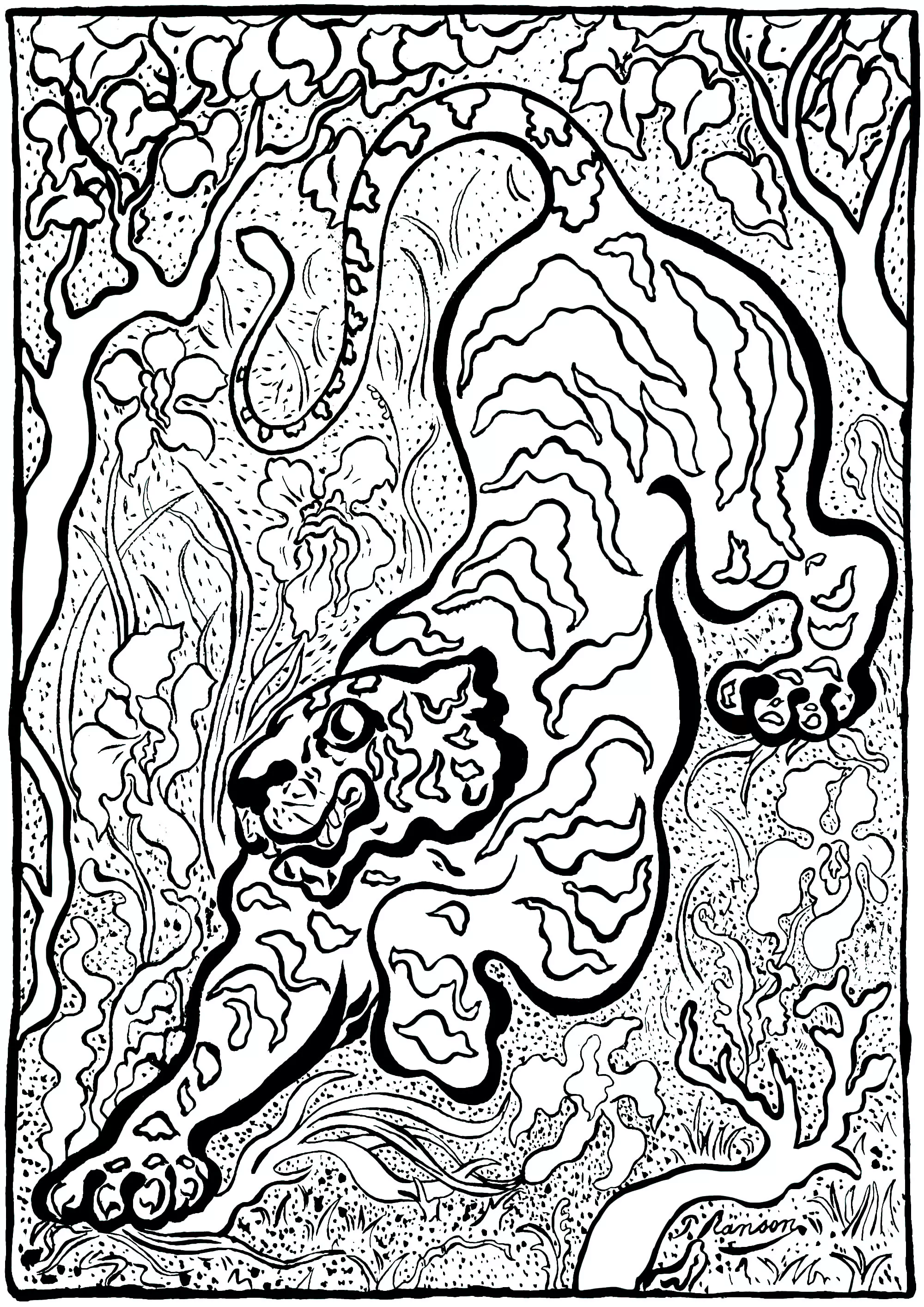 Paul-Élie Ranson - Tiger in the Jungle (version 1) (Printable Masterpiece Coloring Page for adults)
