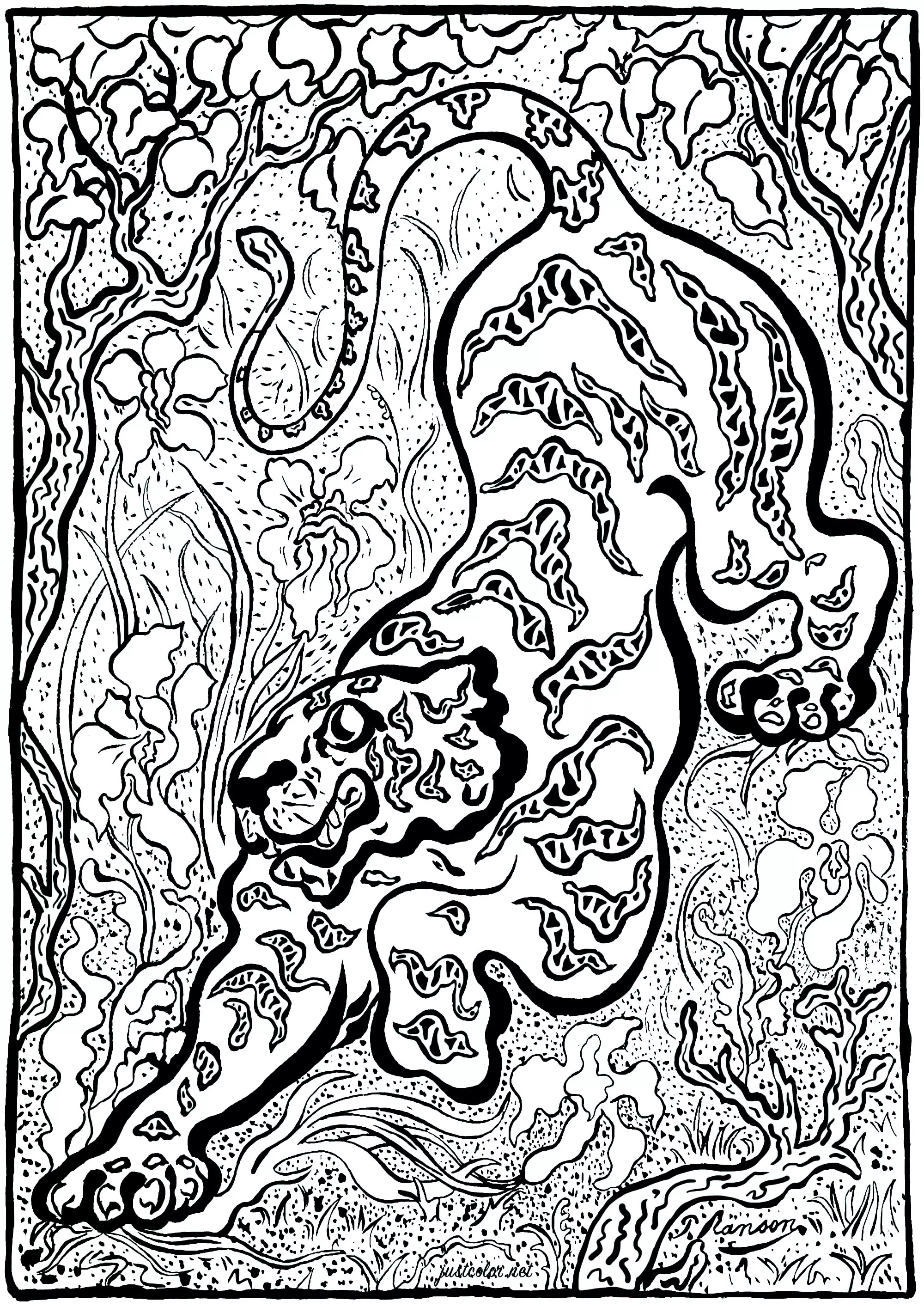 Paul-Élie Ranson - Tiger in the jungles (version 2) (Printable Masterpiece Coloring Page for adults)